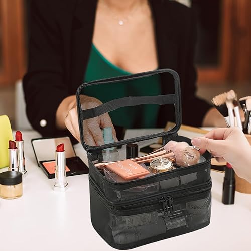 Miniatura 6 de Bolsa de maquillaje grande de 3 capas, estuche de cosméticos de viaje, bolsa organizadora de maquillaje, bolsa de aseo portátil para el cuidado de