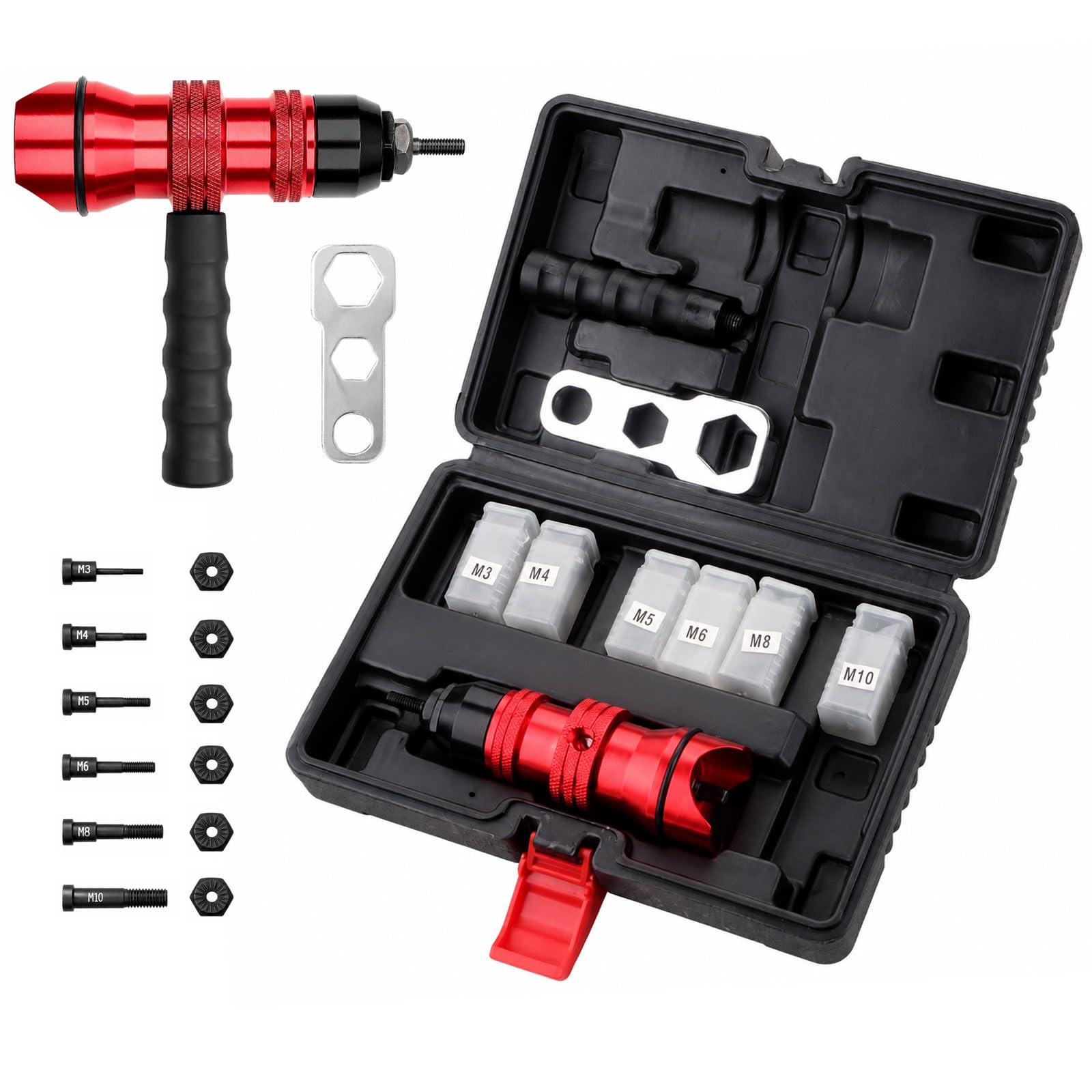 Electric Rivet Nut Drill Adapter, Cordless Rivet Tool Connector Head with M3 M4 M5 M6 M8 M10 Mandrels, Spanner and Handle, Rivet Nut Attachment with Carrying Case for Drill
