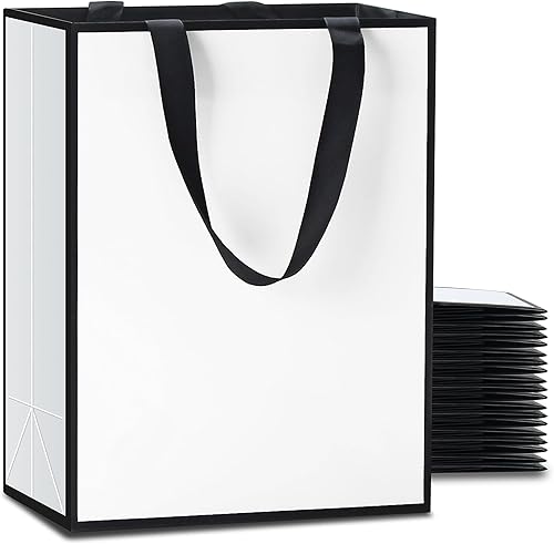 Bolsas de regalo blancas y negras a granel YACEYACE 20 piezas de 10.5 x 4.25 x 8 pulgadas, bolsas de regalo medianas blancas con asas de cinta,