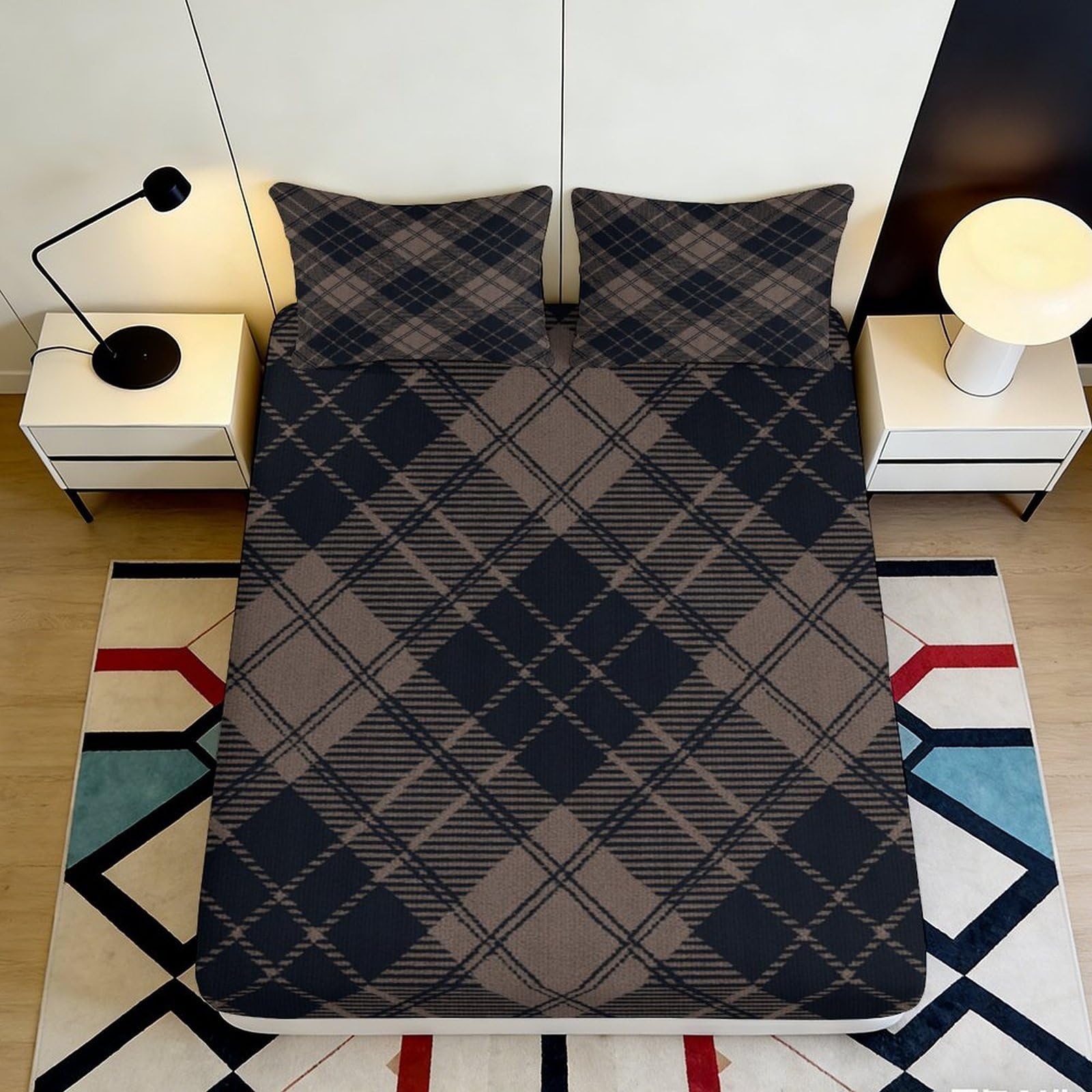 3D Printed Plaid Pattern Fitted Sheet Microfiber Soft Breathable Checkered Mattress Cover for Bedroom Dorm Decor 90x200x25cm