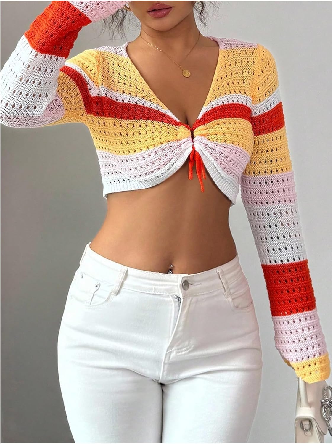 SweatyRocks Women's Striped Long Sleeve Sweater Hollow Out Crop Knitted Pullover Sweaters Fall Outfits - Image 3