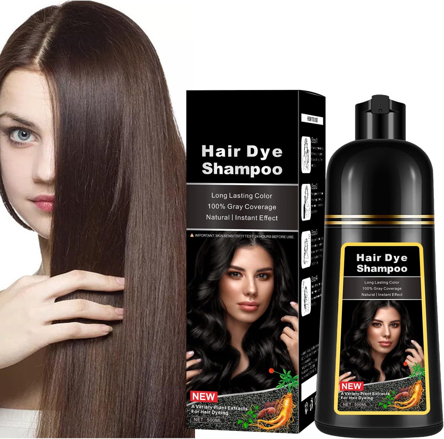 WFWJ Natural Dark Brown Hair Dye Shampoo,Magic Hair Dye Shampoo,Colors Hair in 15 Minutes,Long Lasting,500 Ml,3-In-1 Hair Color