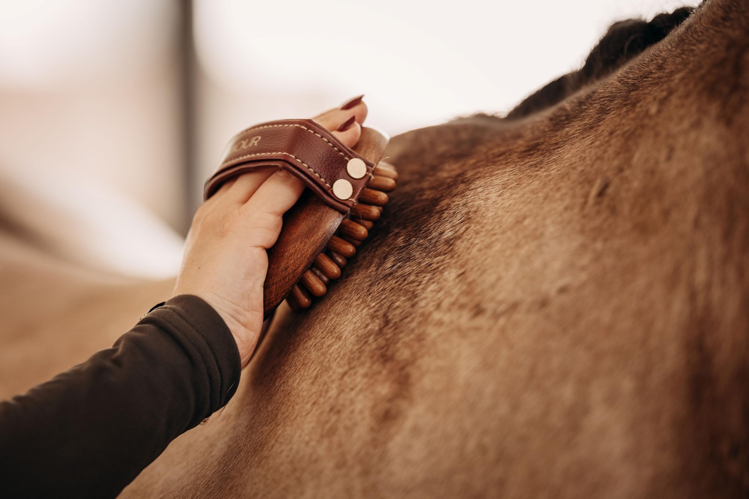 Massagestriegel – Pferdestriegel aus Holz mit stabilen Holznoppen & flexiblem Gummikissen – für Massage, Durchblutung, Wellness-Pflege & Fellpflege bei Pferd & Pony