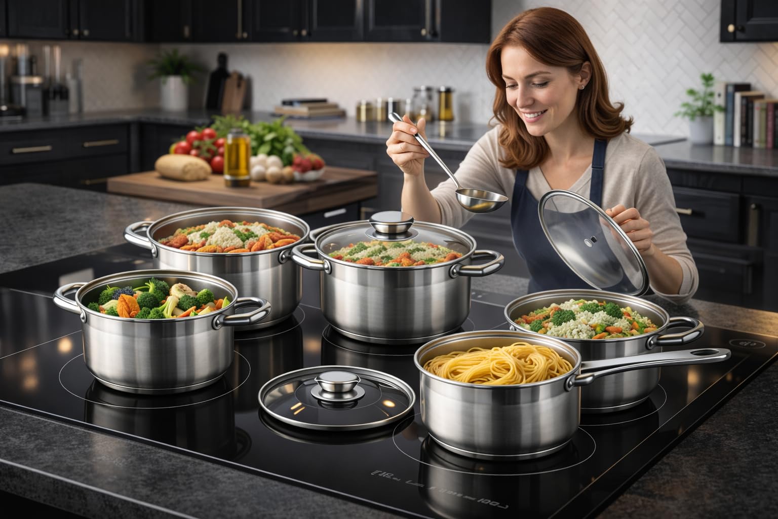 Topfset Induktion 7-teilig, Edelstahl satiniert, für alle Herdarten, Kochtöpfe mit Glasdeckel, Induktions Töpfe Set, Topf Set, Kochtopfset,