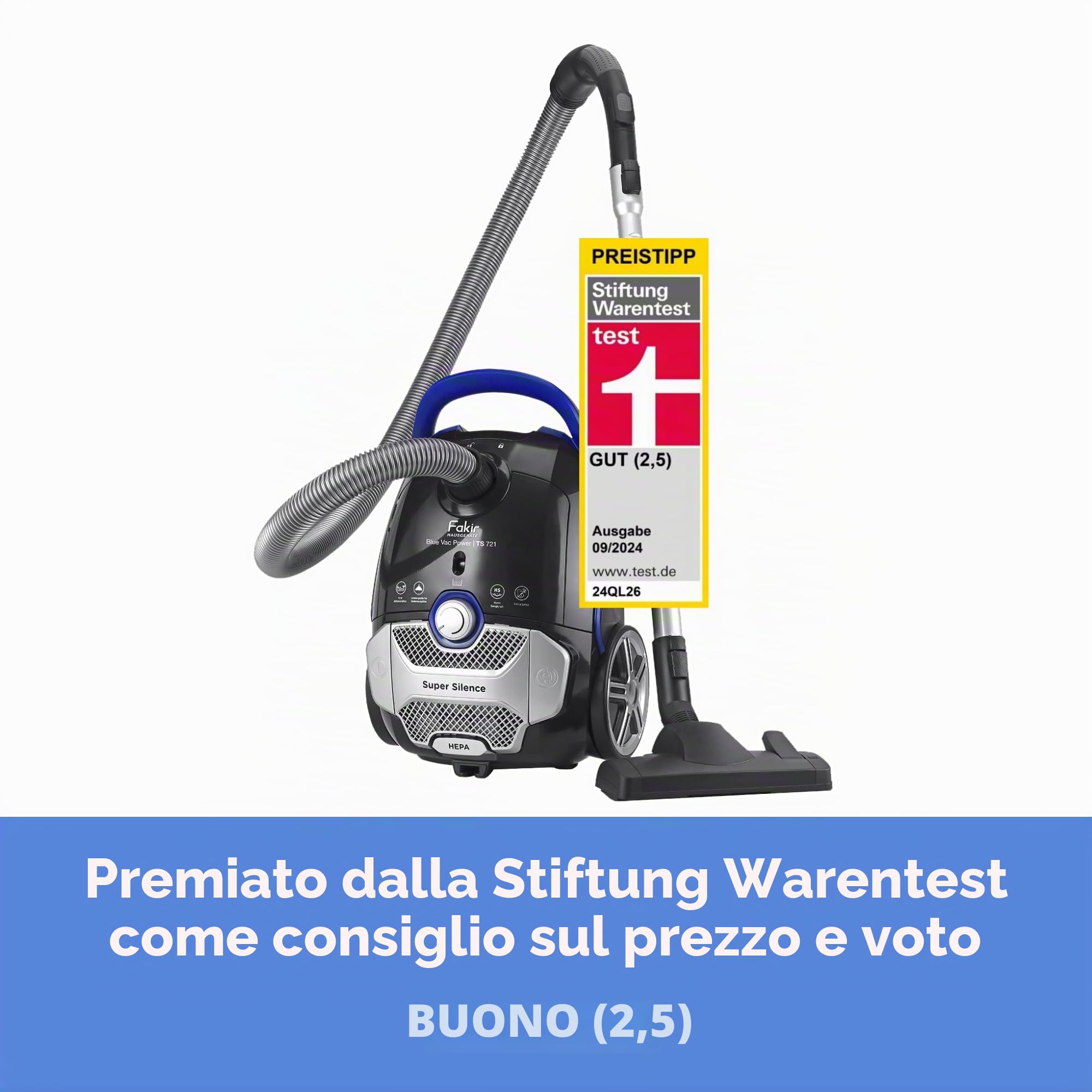 Fakir Blue Vac Power TS 721 - Aspirapolvere con sacchetto, 800 W, con cavo, filtro HEPA H14, motore ad alta efficienza da 69 dB(A), grande sacchetto da 3 l e raggio d'azione di 12 m, colore: Nero/Blu