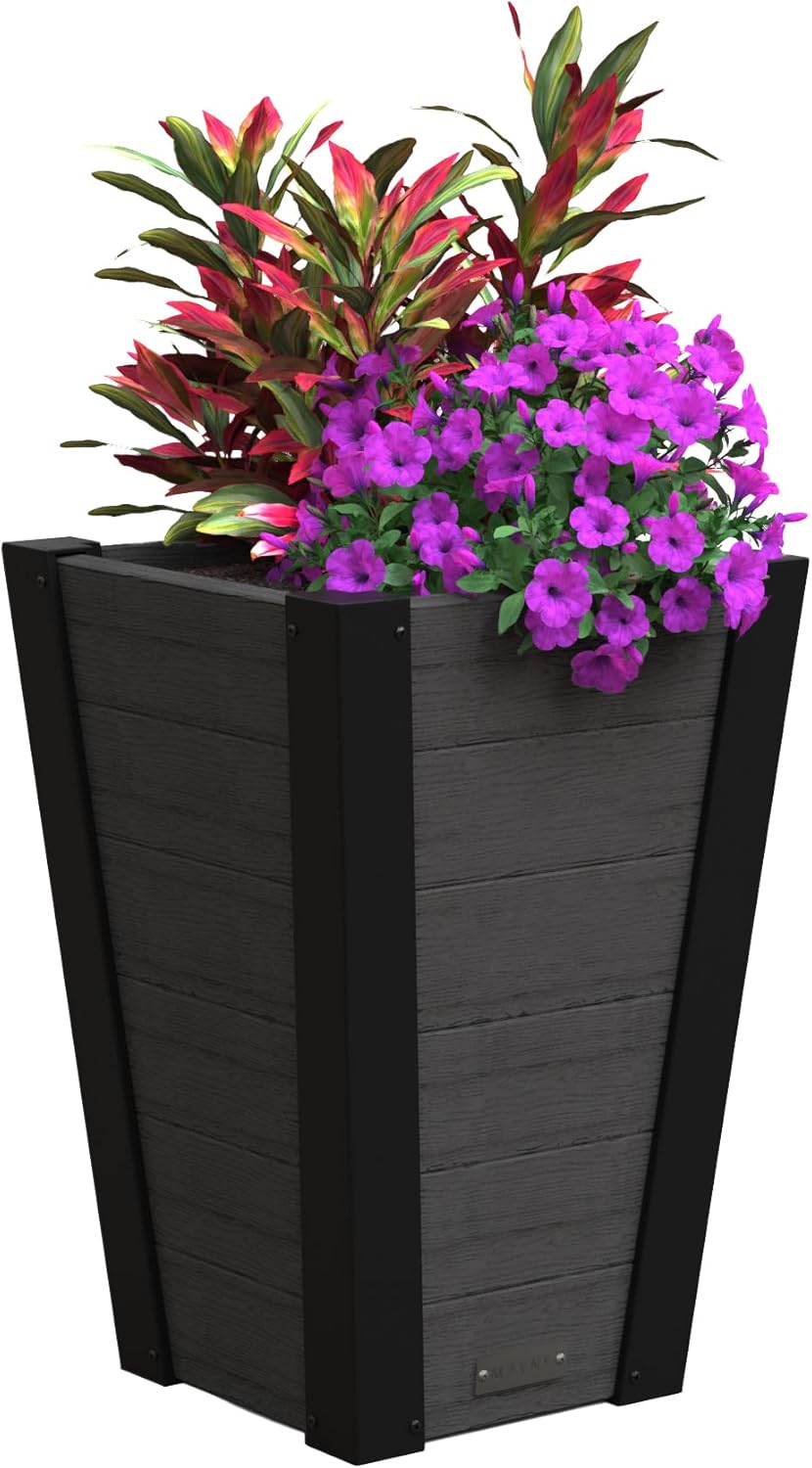 Mayne Horizon 22-Inch Tall Outdoor Planter – Modern Tapered Planter with Faux Wood Grain Panel Design, All-Season Patio and Porch Decor, with Drainage Hole, Easy Assembly