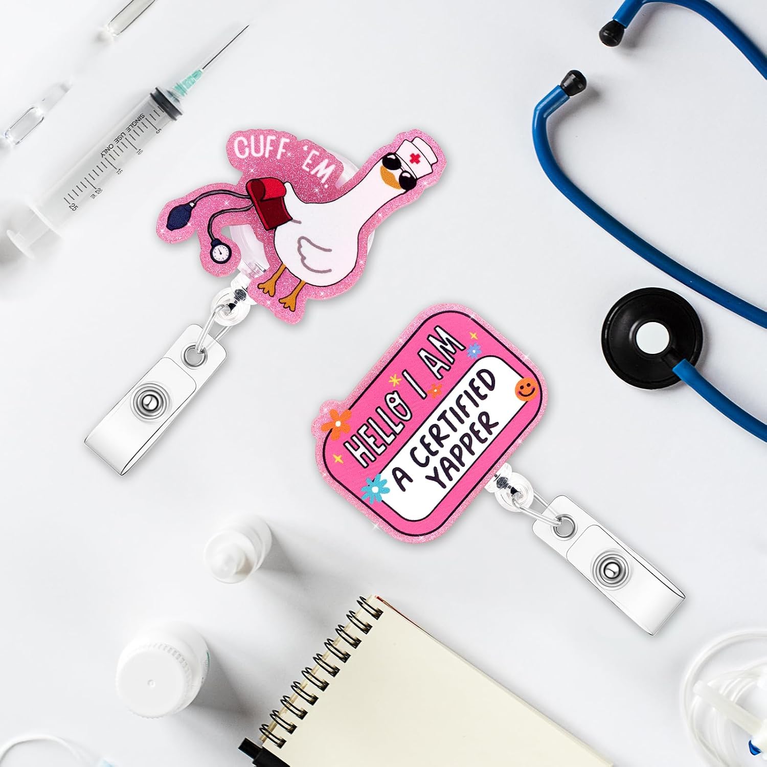 Tmtains 2Pcs Funny Nurse Badge Reel Cute Pink Goose Badge Reels Acrylic Retractable ID Card Badges Holder with Clip Name Tag Holder Nursing Accessories Gifts for Nurses Doctors Teacher image 2