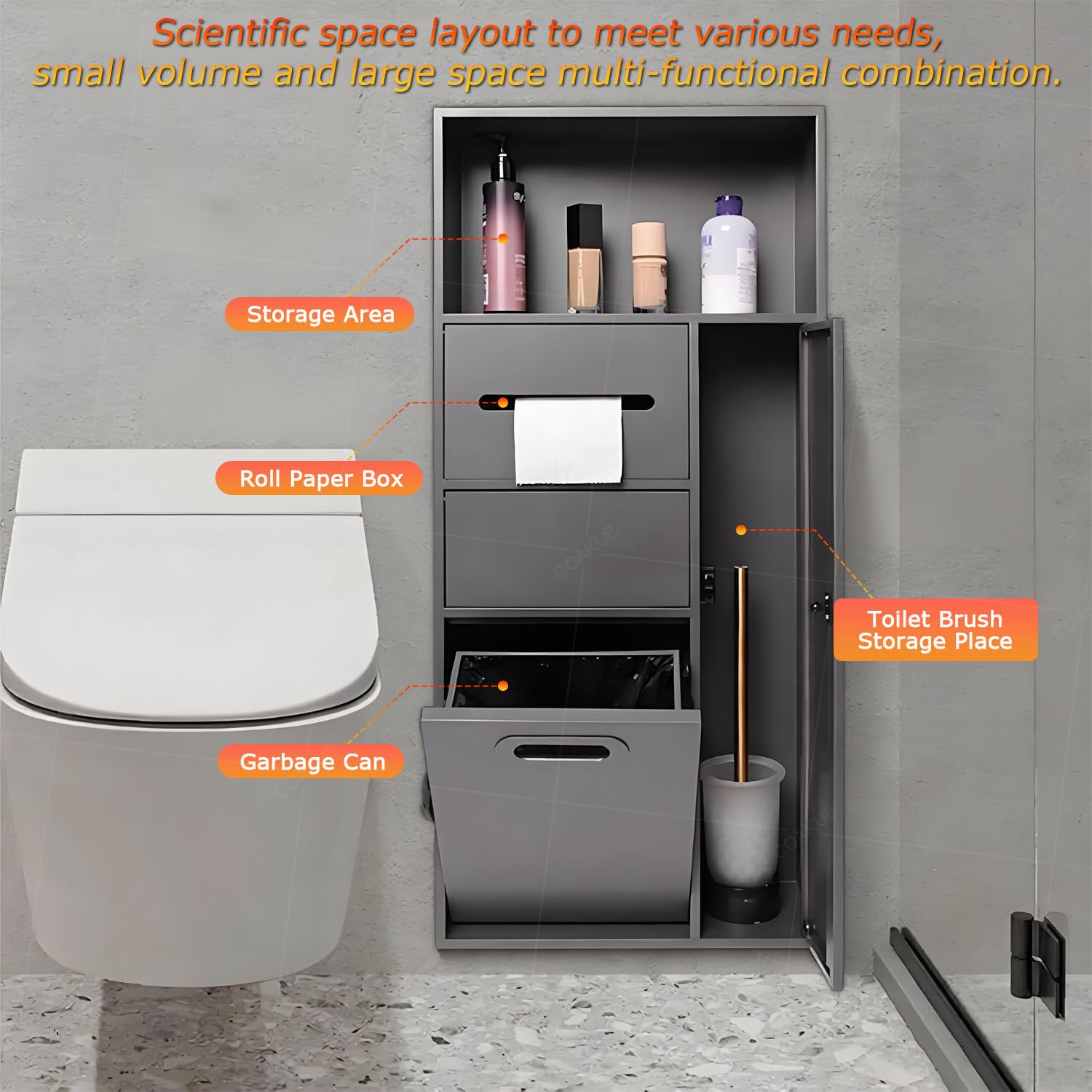 Scopino da bagno in acciaio inox per bidone della spazzatura, carta igienica e igiene; ripiano integrato grigio, 30 x 78 x 14 cm