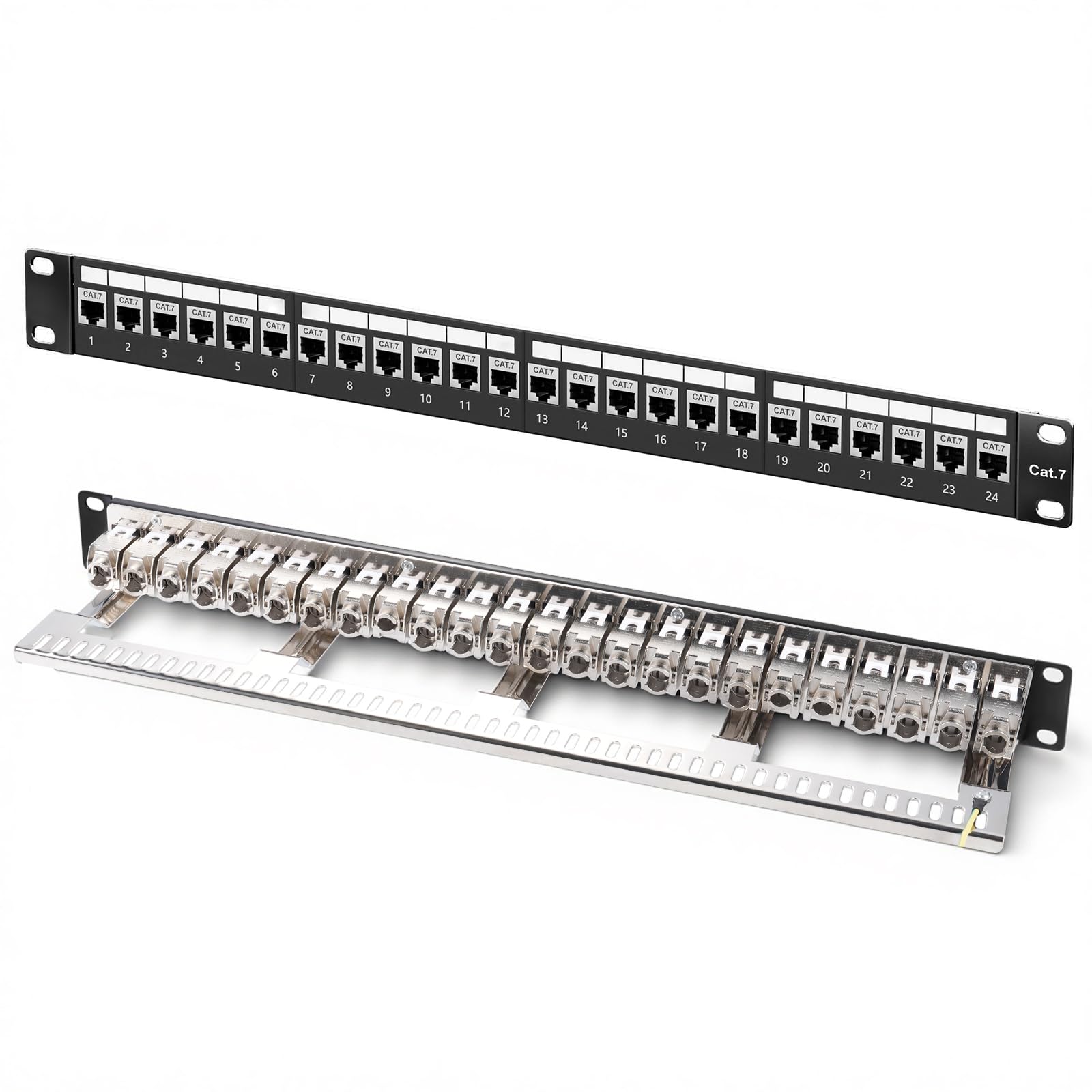 Panneau de brassage 24 ports CAT7 1 U 19" - Montage en rack - Blindé - Compatible avec les modules Keystone (CAT5/CAT6/CAT7/CAT8) - Pour réseau 10 Gbit/s - 600 MHz - Noir - Boîtier vide à