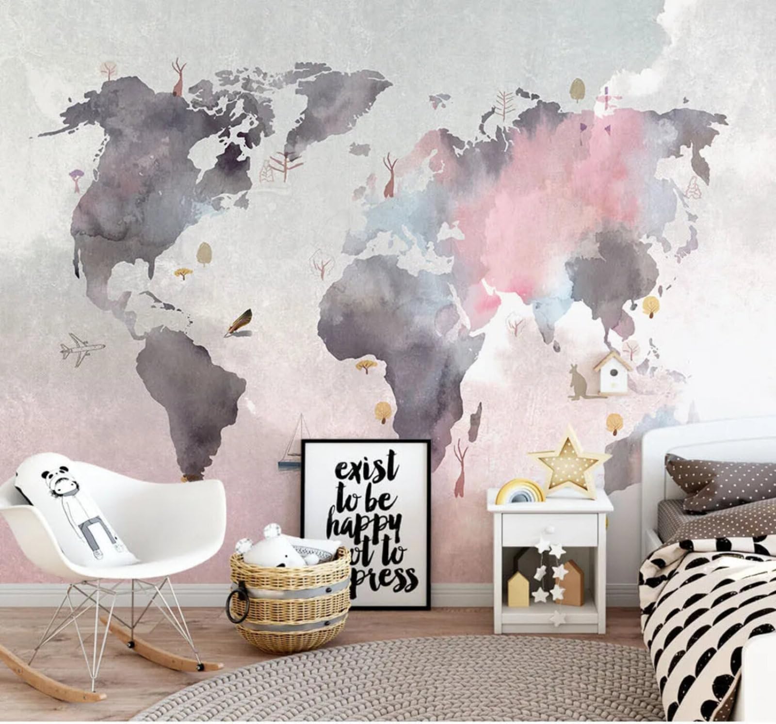 Wallpaper-3D-Xlm 350Cm×256Cm(B×H) Abstract Cartoon Coloured World Map Animals 3D Wallpaper Easy Install Feature Office Living Room Sofa Bedroom Tv Background Wall Decoration-350Cm×256Cm