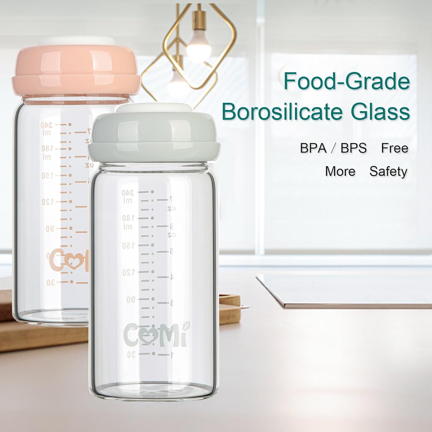 COMI Wide Neck Glass Breastmilk Collection n Storage Bottle, 8oz with Screw Ring Sealing Disk; Re-markable Sealing Disc. BPA Free, Fits Breast Pumps & Nipples (4 Gray Lids) - Image 6