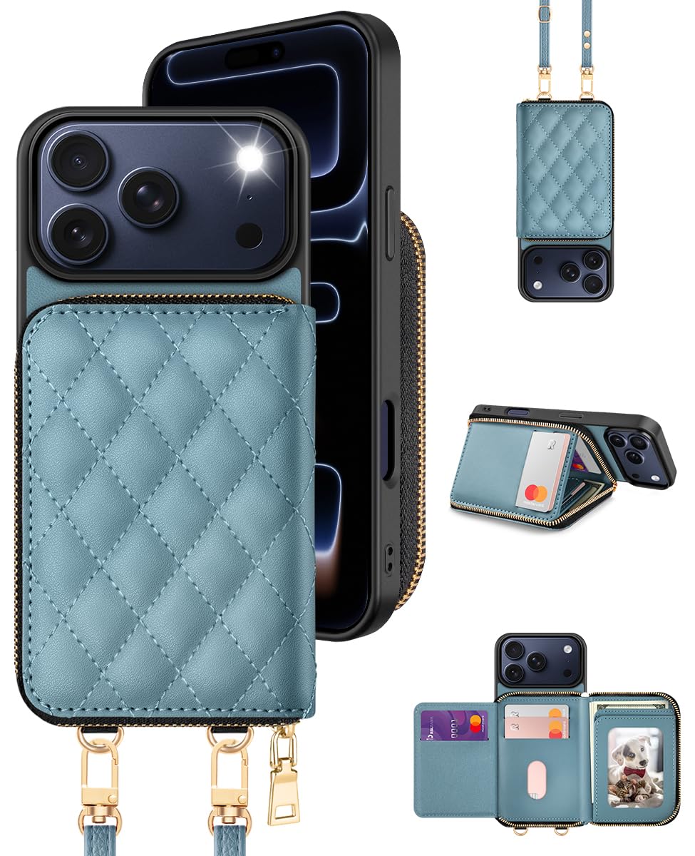 OCASE Hülle für iPhone 17 Pro Max Handyhülle, RFID Schutz PU-Leder Reißverschluss Handtasche Geldbörse, mit Rautenmuster Kartenschlitzen Halter Handgelenkband Lanyard Argyle Mattblau 6,9”