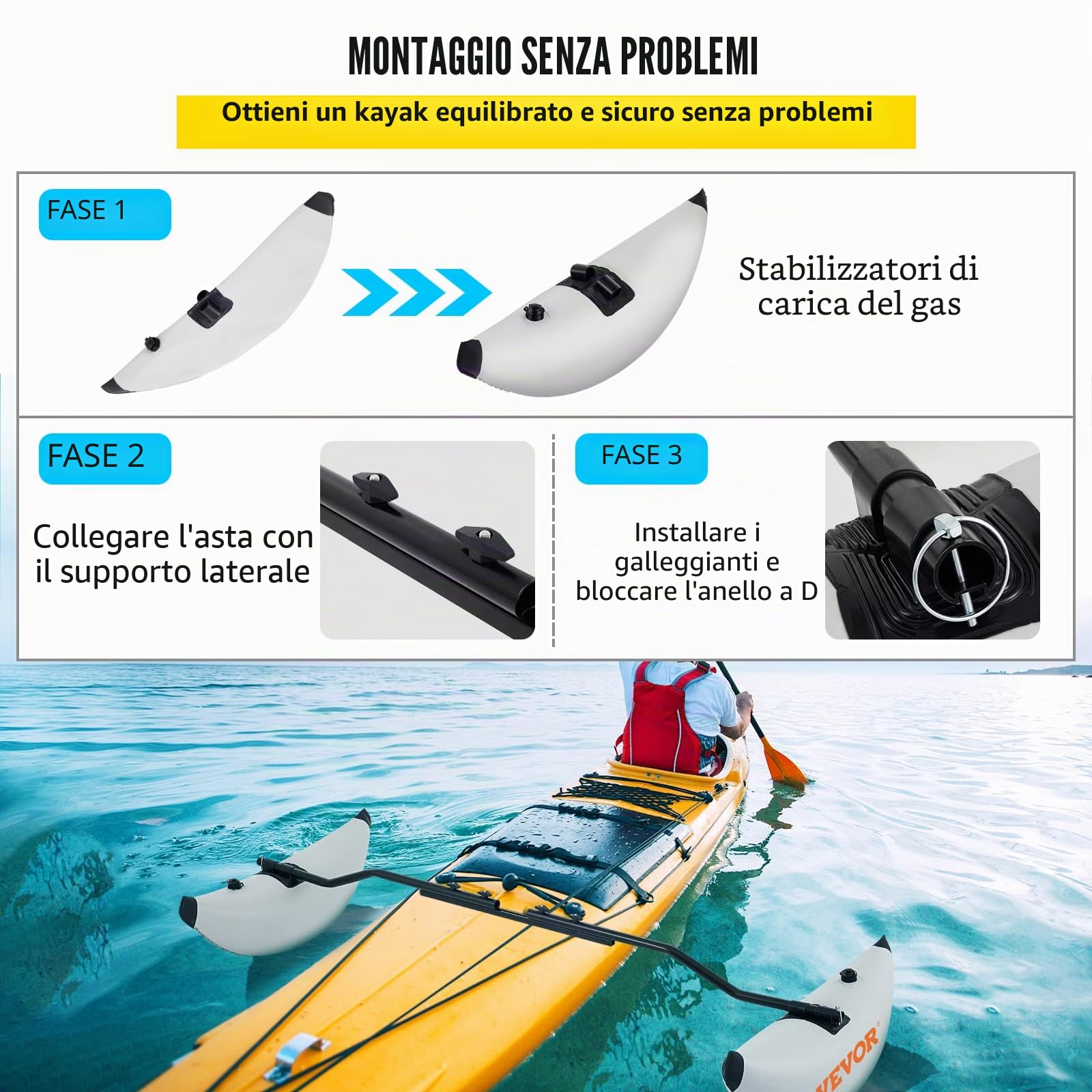 VEVOR Kit Kayak Galleggiante Gonfiabile Stabilizzatore in PVC con Bracci Laterali, 2 Pezzi Lunghezza Regolabile da 81,5 a 94 Pollici Stabilizzatore Gonfiabile per Kayak, Canoa, Nautica, Pesca, ECC