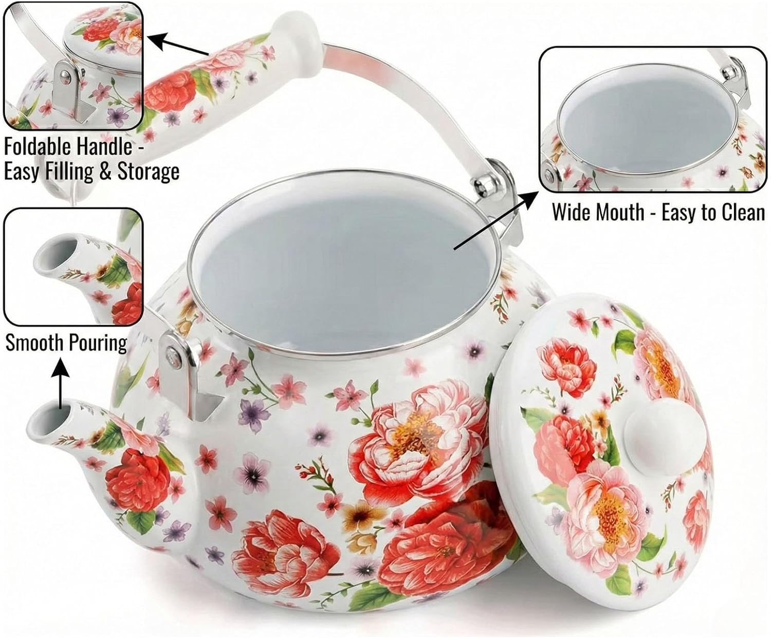 2.6 Quart Floral Enamel Tea Kettle Stovetop - Vintage Enameled Teapot for Stove Top, Cute & Decorative Hot Water Pot with Ceramic Handle, No Whistling, Colorful Farmhouse Kitchen Decor