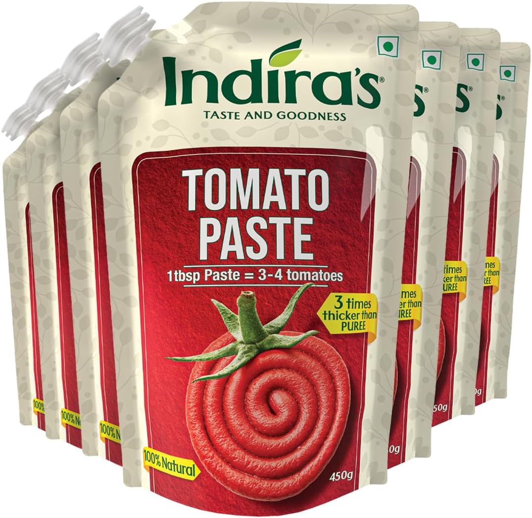 Indira's Tomato Paste 3X Thicker Than Tomato Puree (450gPack of 7) Rich Flavour & Colour of 100% Ripe Tomatoes to Make Your Dishes Tastier with Ease.