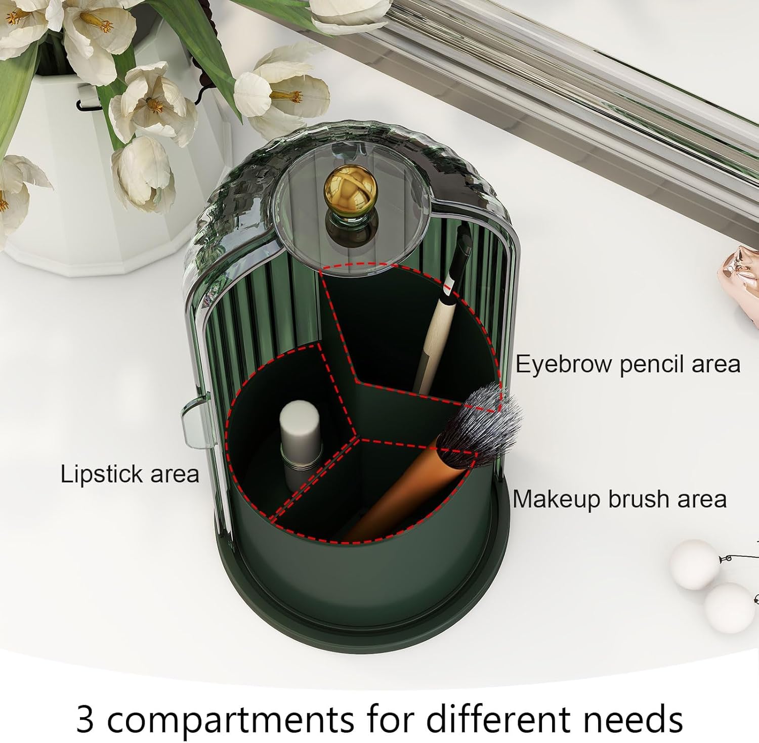 Makeup Brush Holder with Dustproof Cover 360 Rotating Makeup Brush Organizer for Vanity Bathroom, All Green - Image 5