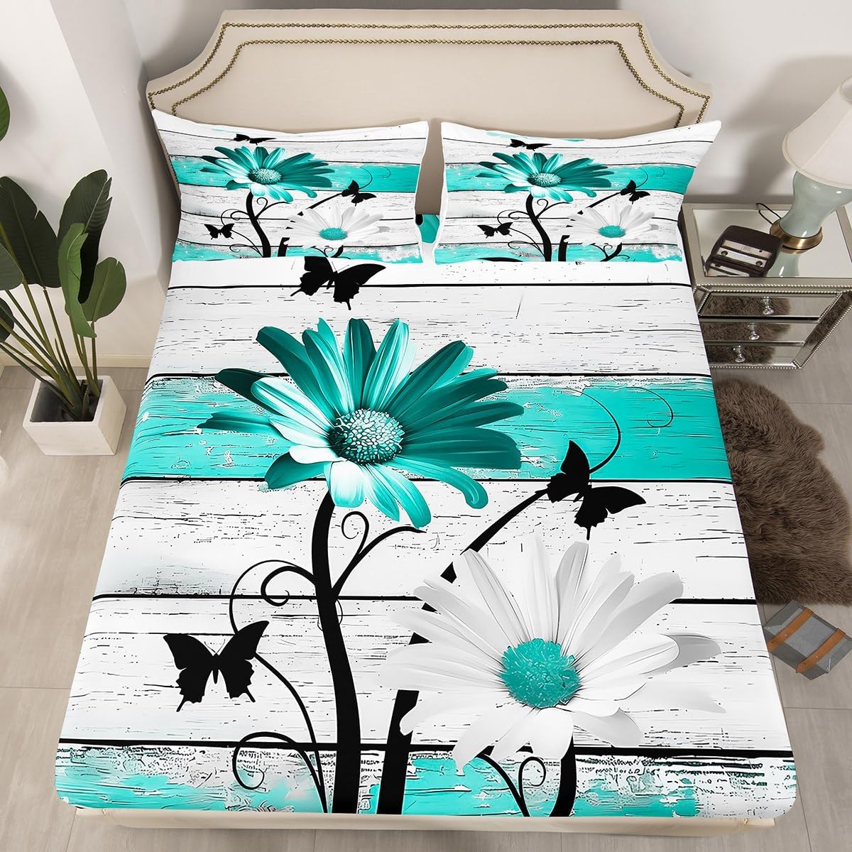 Erosebridal Farmhouse Florals Fitted Sheet Full Size Daisy Flower Bed Sheets for Young Wooden Board Rustic Butterflies Sheets Vintage Cabin Teal Bedding Set