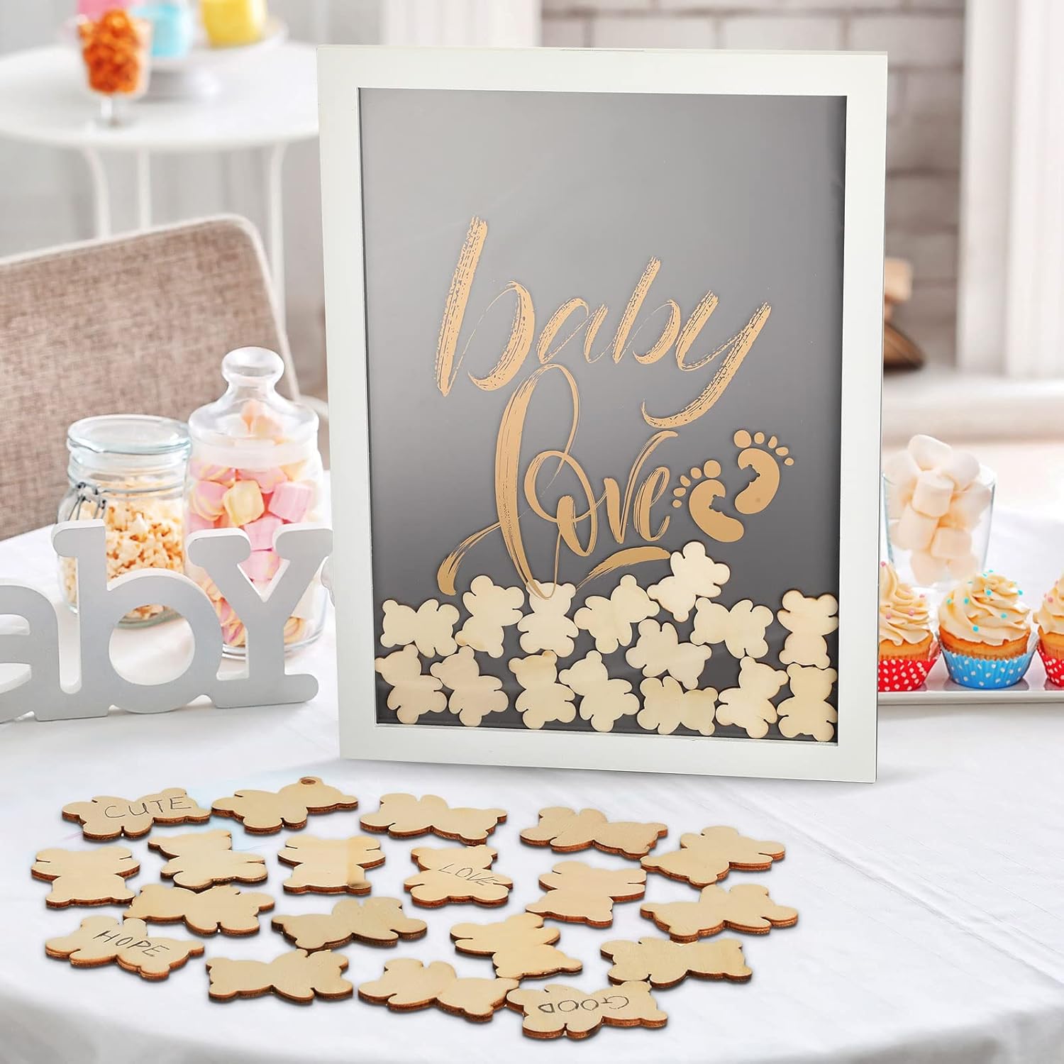 Unittype 71 Pcs 15.8x11.8x0.6inch Baby Shower Guest Book Alternative with 70 Wood Slices Set Baby Shower Decoration Photo Frame Signature Keepsakes for Birthday Table Centerpiece(Grey,Bear)