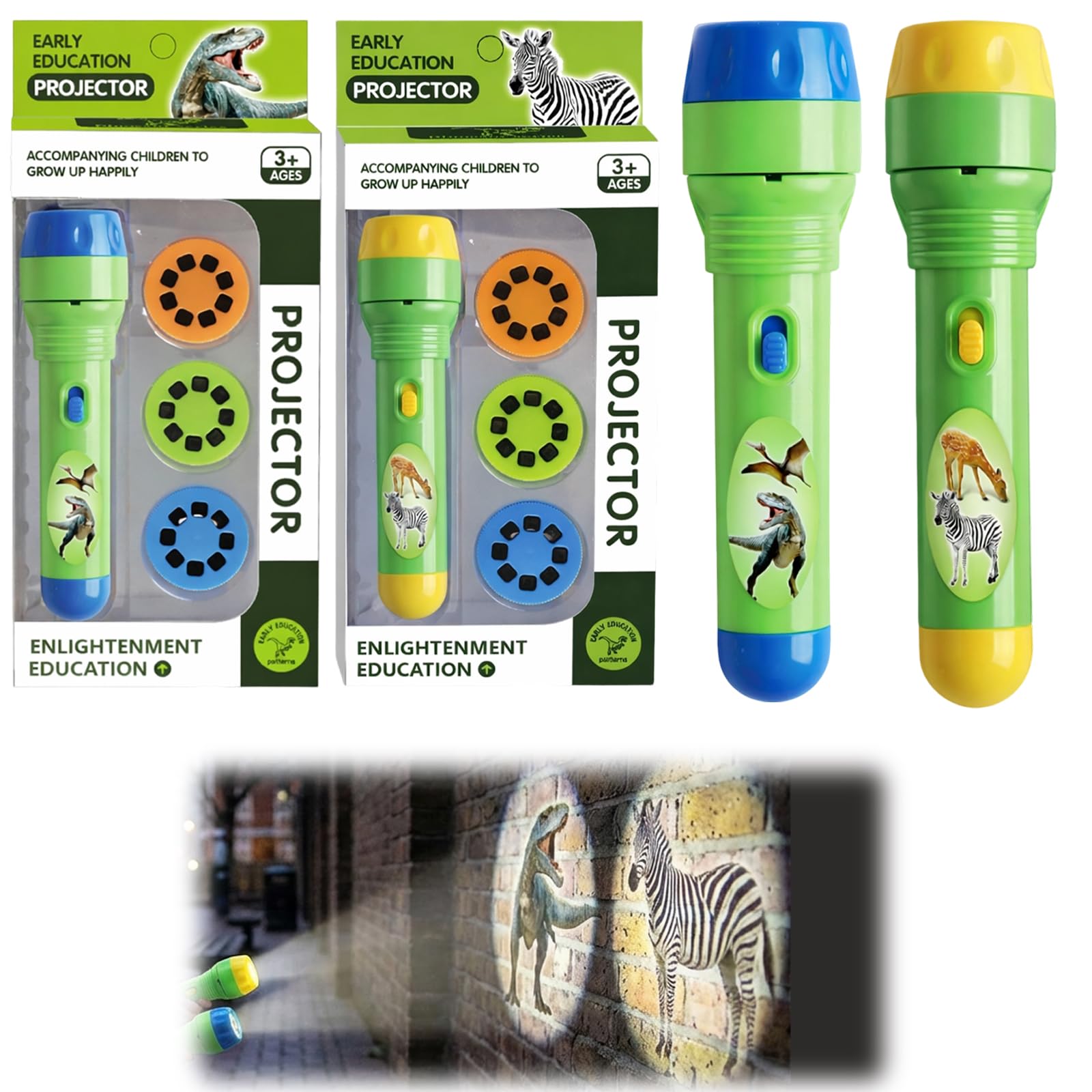 ROBGZMQW 2 Pack Kids Torch, Kids Torches for Boys, Childrens Torch for Interactive Learning Tool with Dinosaur and Animal World Themes, Compact 12.5 cm Design