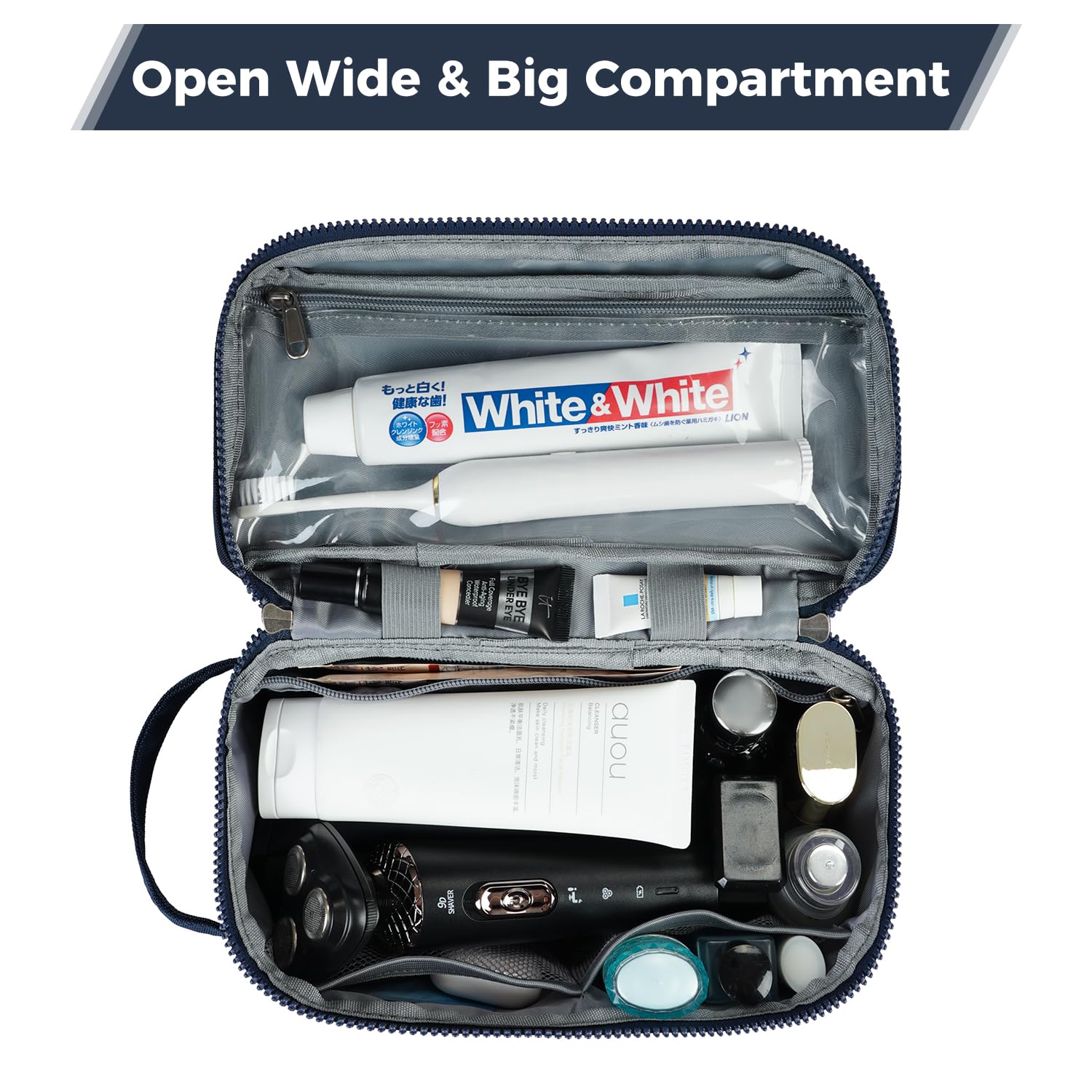 ECOHUB Borsa da Toilette da Viaggio Donna, Borsa da Barba per Uomo, Trousse de Toilette con Separazione Asciutto-Bagnato, Organizzatore di articoli da Toeletta, Brevetto Pendente(Blu scuro)