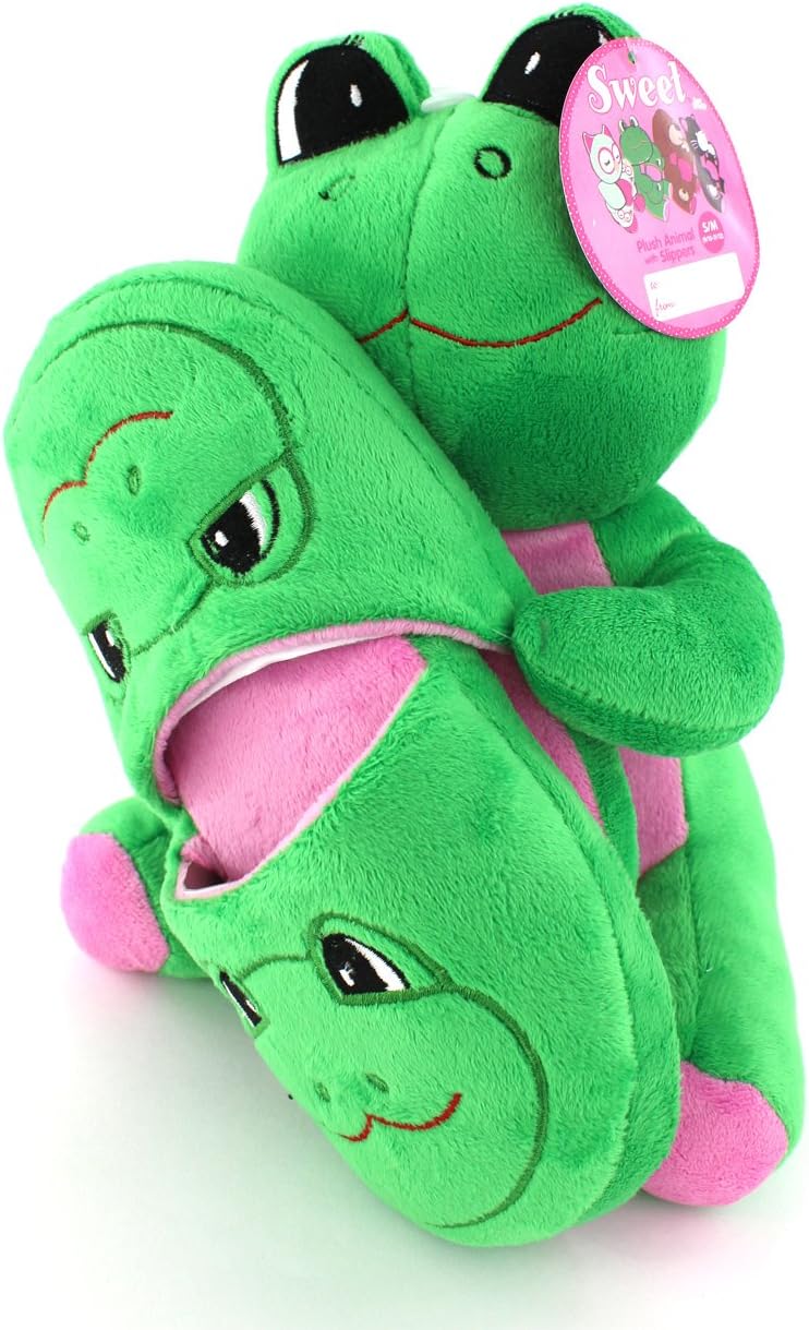 Girls Green Plush Frog with Slippers Gift Set (S/M (9/10-11/12) M US Little Kid)