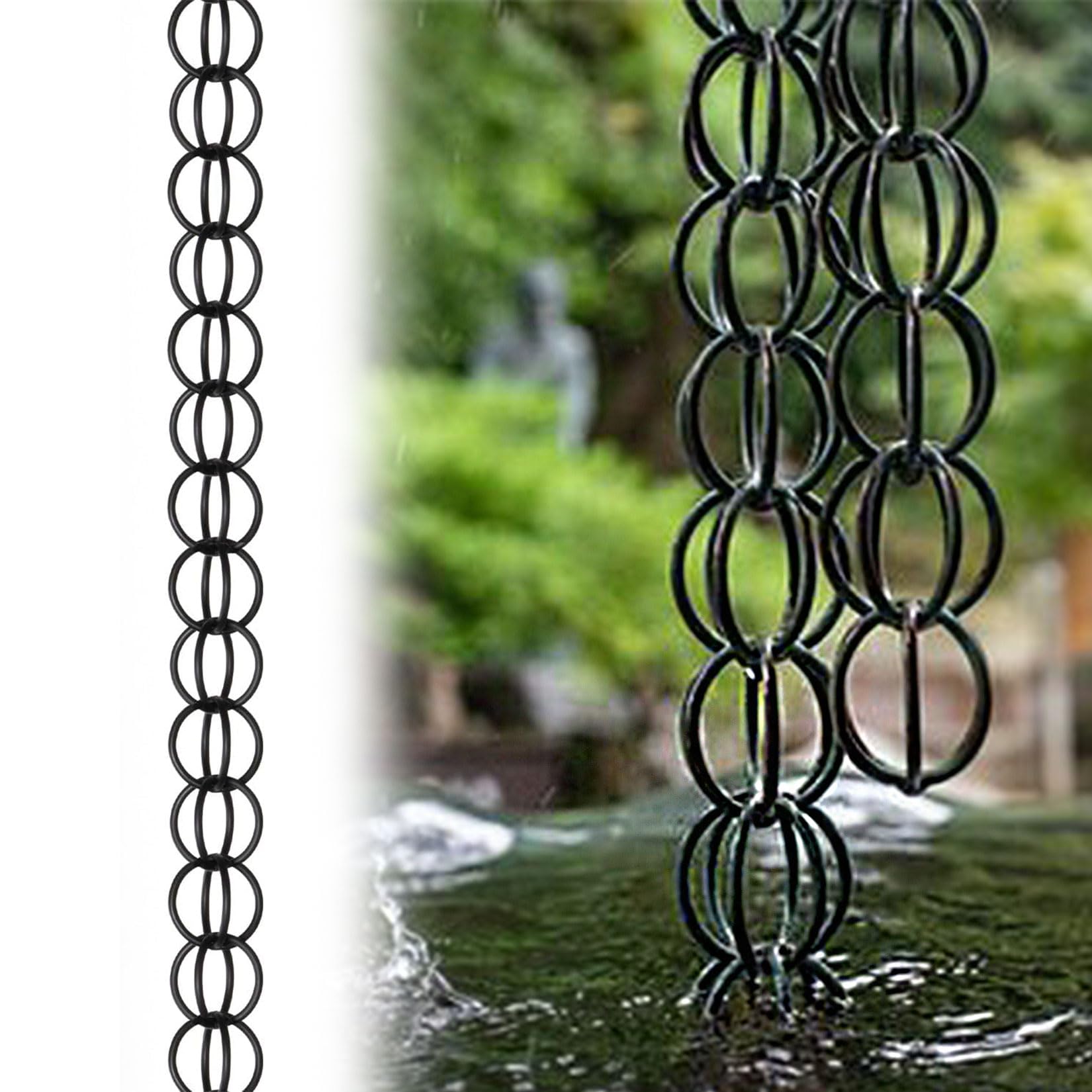 WEKONUMEX Rain Chains for Gutters, Black Rings Rain Chain Ornament Water Collector For Gutter Downspout Replacement 1-5m(1.5m(5ft))