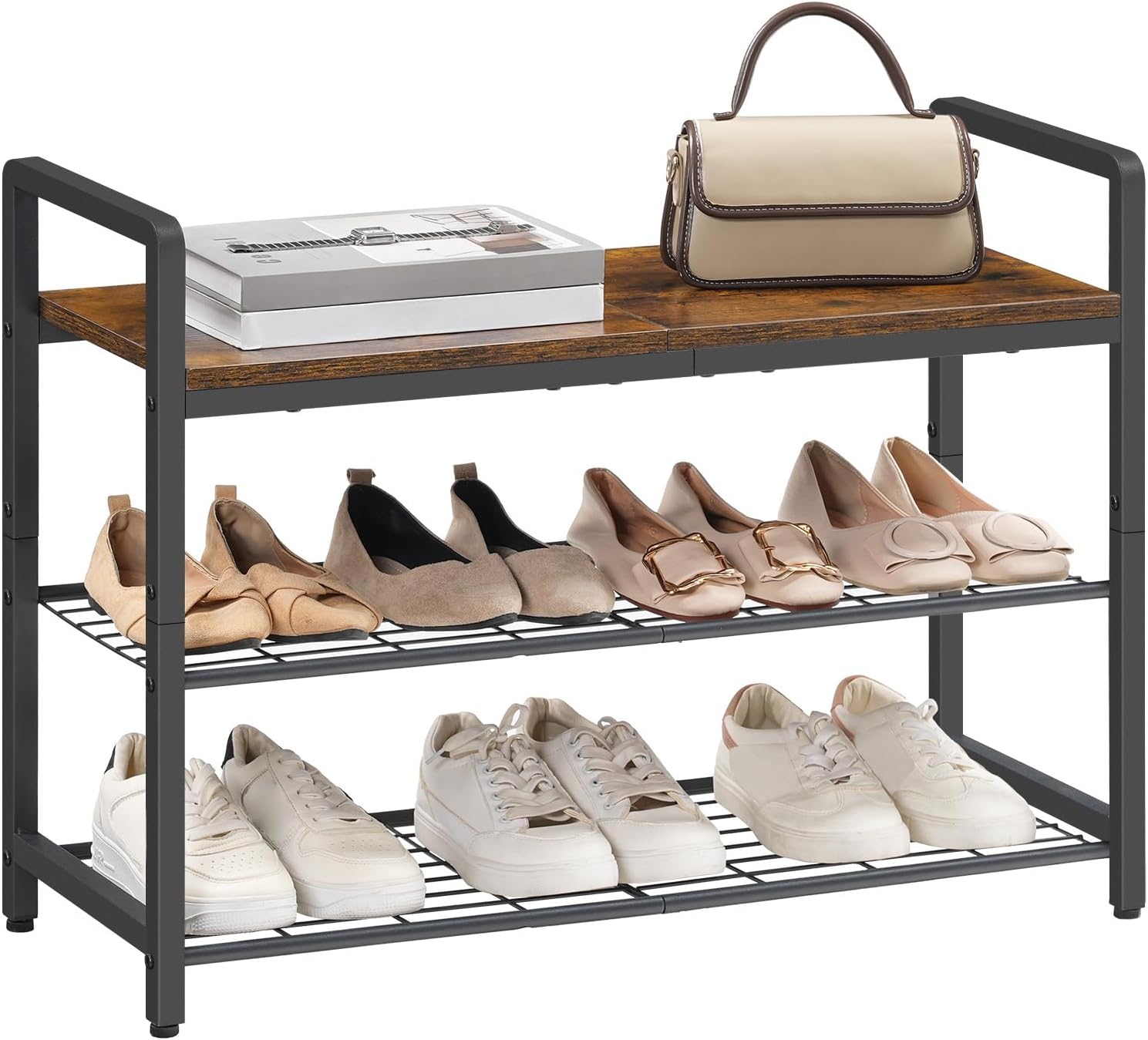 HOOBRO 3 Tier Shoe Rack Bench with Side Handles, Industrial Shoe Storage Organizer with Wood Top, 29.5" L x 11.8" W x 22" H, Storage Bench for Hallway, Space Saving, Rustic Brown and Black BF32HX01