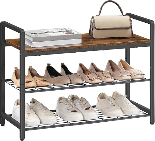 HOOBRO Banco de zapatos para entrada, organizador industrial de almacenamiento de zapatos de 3 niveles con asas superiores y laterales de madera