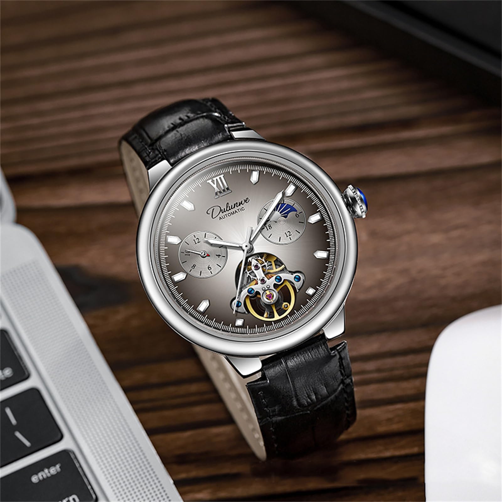 Herren-Armbanduhr, mechanisch, Handaufzug, Lederarmband, Mondphase, Tourbillon, großes Zifferblatt, Business-Automatikuhren, leuchtend