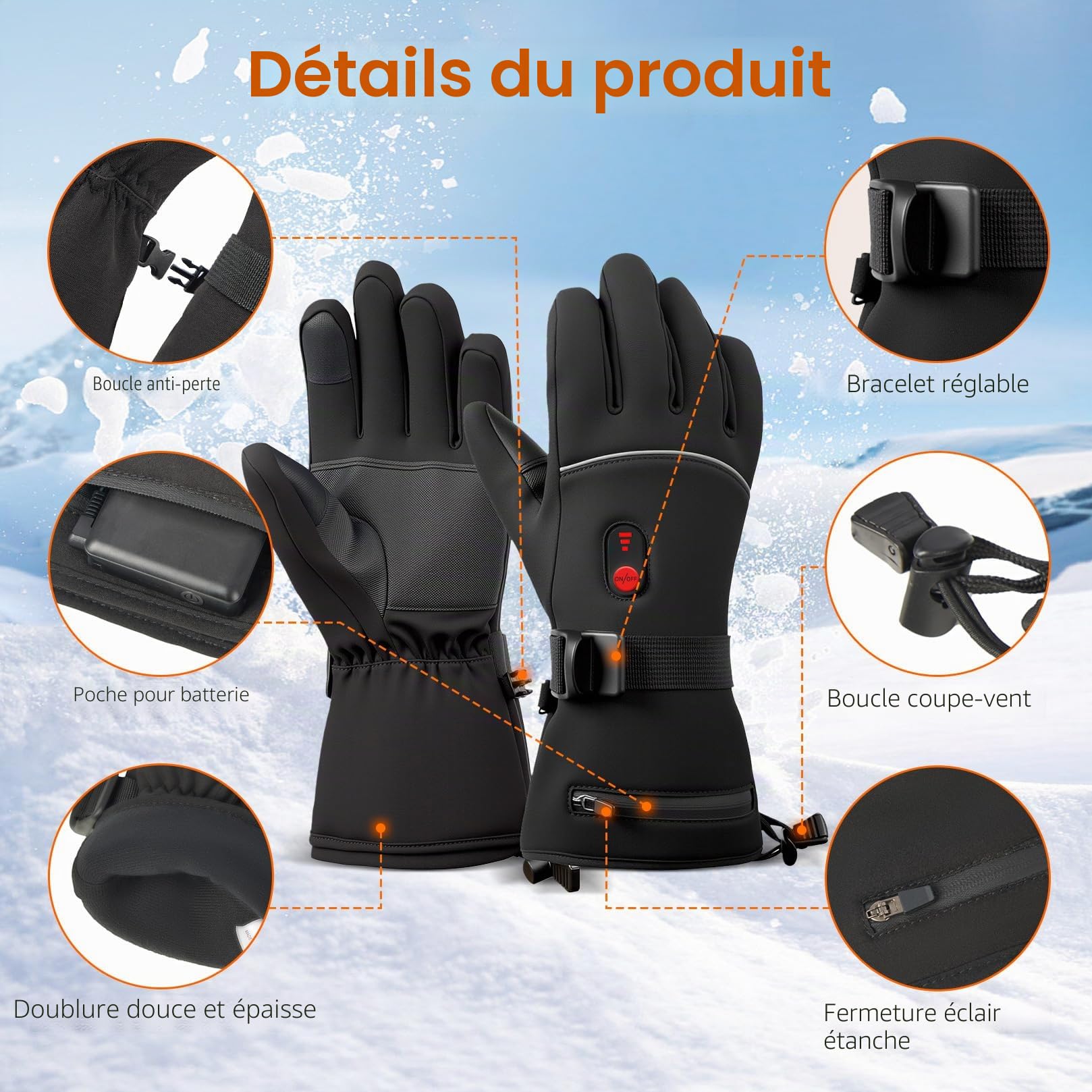Gant Chauffant Moto Rechargeable 7.4V 10000mAh - Gants Chauffants Homme Femme, Chauffage Rapide 10s, Imperméable Tactile pour Vélo, Travail, Arthrose, Ski (L)