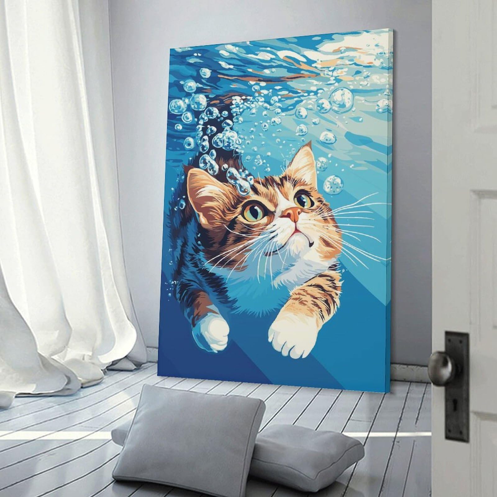 Junmoney Frame-Style-7 Cat Swimming Underwater With Bubbles Decorative Canvas Print, 20X30inch(50X75cm), For Contemporary Homes, Apartments Or Offices, Home Artwork For Modern Interiors