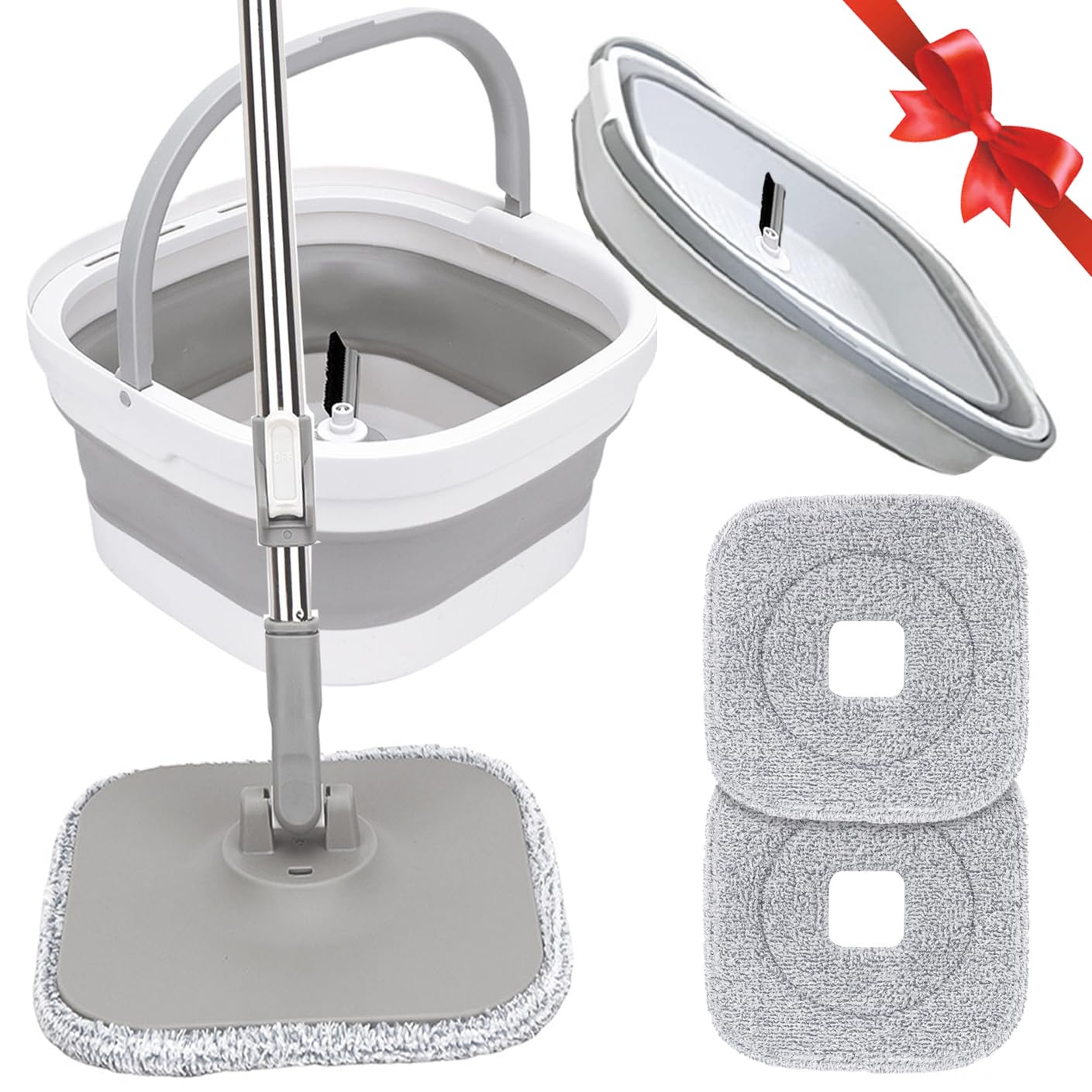 Sgizoku Balai serpillère avec seau pliable, serpillère rotative à 360° avec presse, lavage et séchage, avec 2 tapis de serpillère en microfibre réutilisables pour tous types de sols