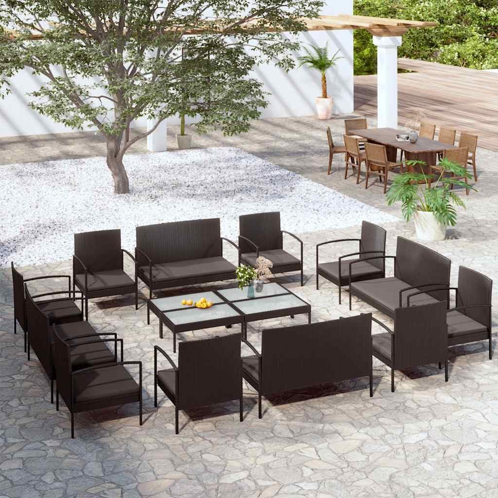 Juego de 16 muebles de jardín de ratán negro con cojines, marco de acero pulverizado, mesa de cristal, fundas de almohada extraíbles con cremallera para zona de salón