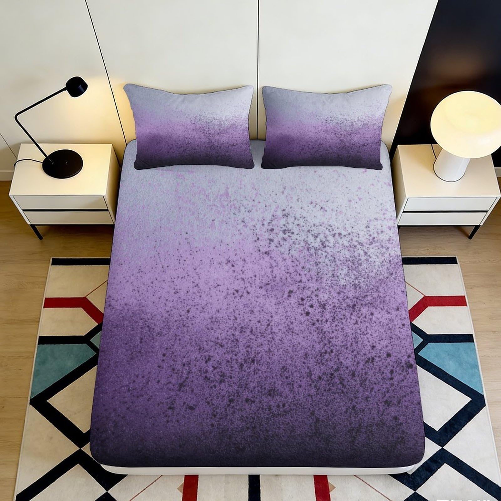 3D Printed Purple Gradient Fitted Sheet Microfiber Durable Soft Breathable Ombre Bed Cover for Bedroom Dormitory Guest Room Mattress Protection 160x200x25cm
