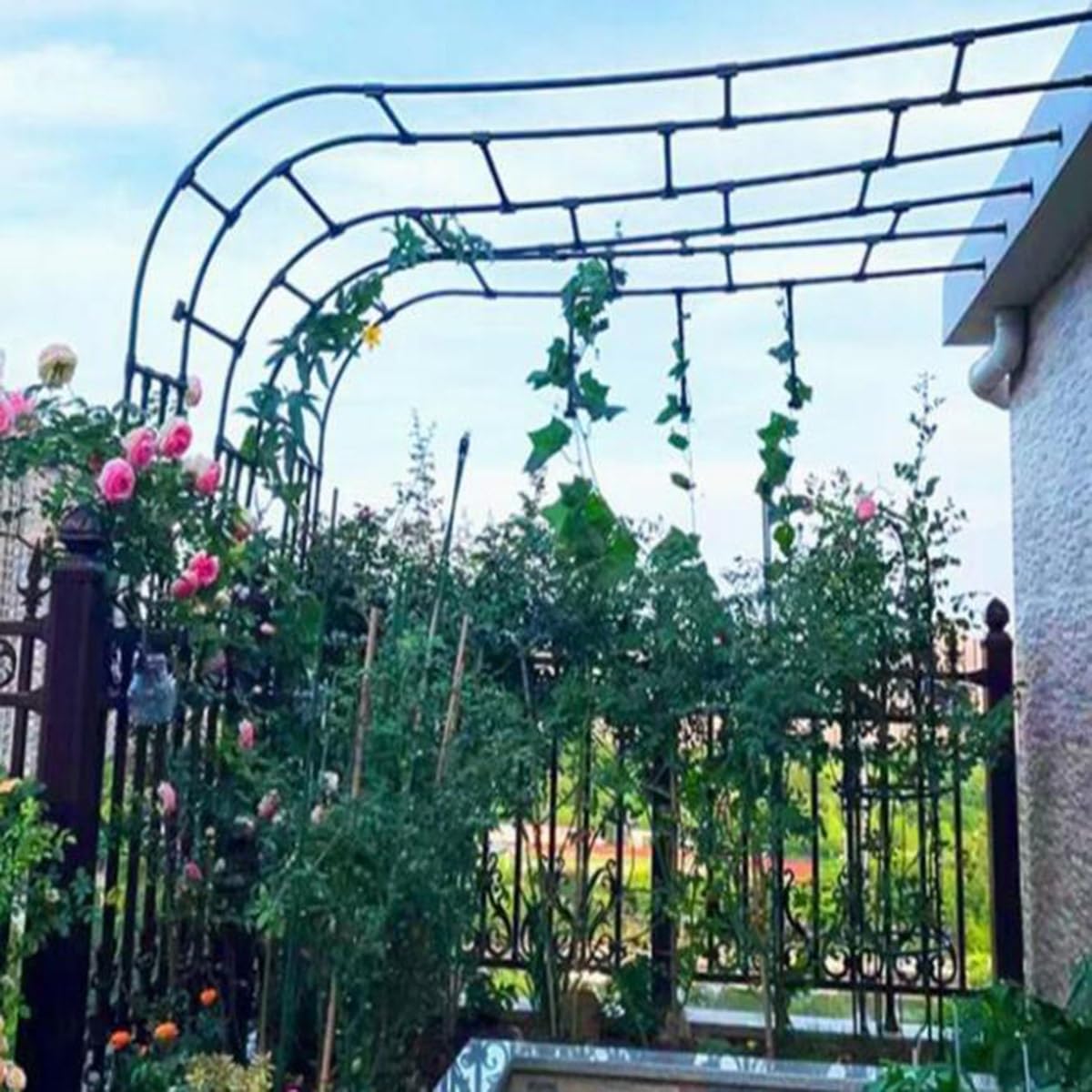 Solidna metalowa kratka altana ogrodowa, półstronna pergola łukowa do roślin pnących, stojak w kratkę, dekoracja ślubna, ogrodnictwo (czarna, 15 cm szer. x 20 cm wys.)