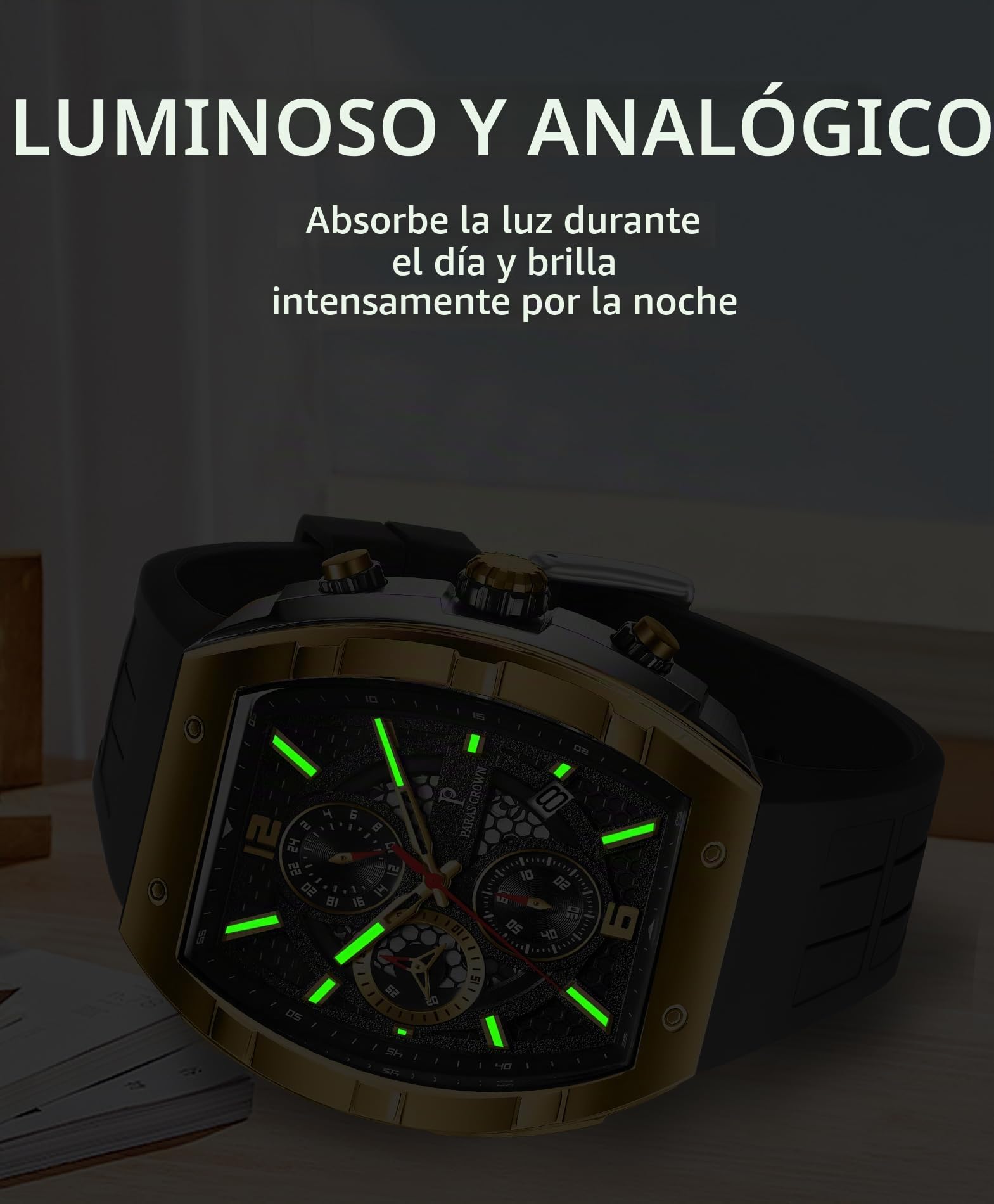 PC PARAS CROWN Reloj Hombre Cronógrafo Deportivo Casual con Movimiento Japonés Resistente al Agua 5 ATM Caja Tonneau de Acero Inoxidable Correa de Silicona Cuarzo