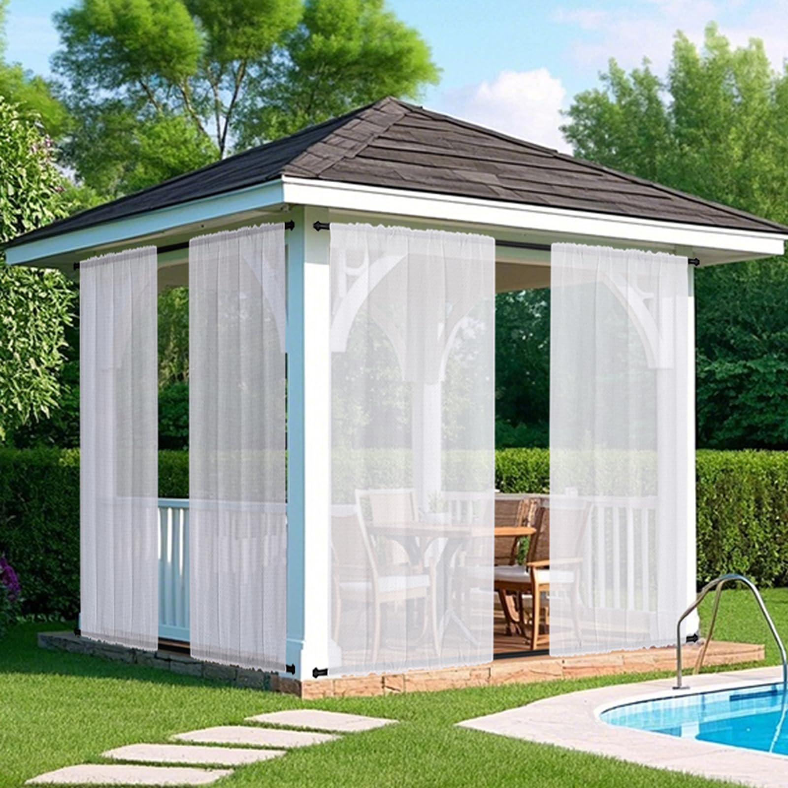 Lapalife Windproof Outdoor Sheer Curtain 1 Panel,Top & Bottom Rod Pocket Fixed Design,Water Repellent Gazebo Drapes for Patio/Porch/Garden,Lightweight Yard Divider Window Gauze,52 x 84inch