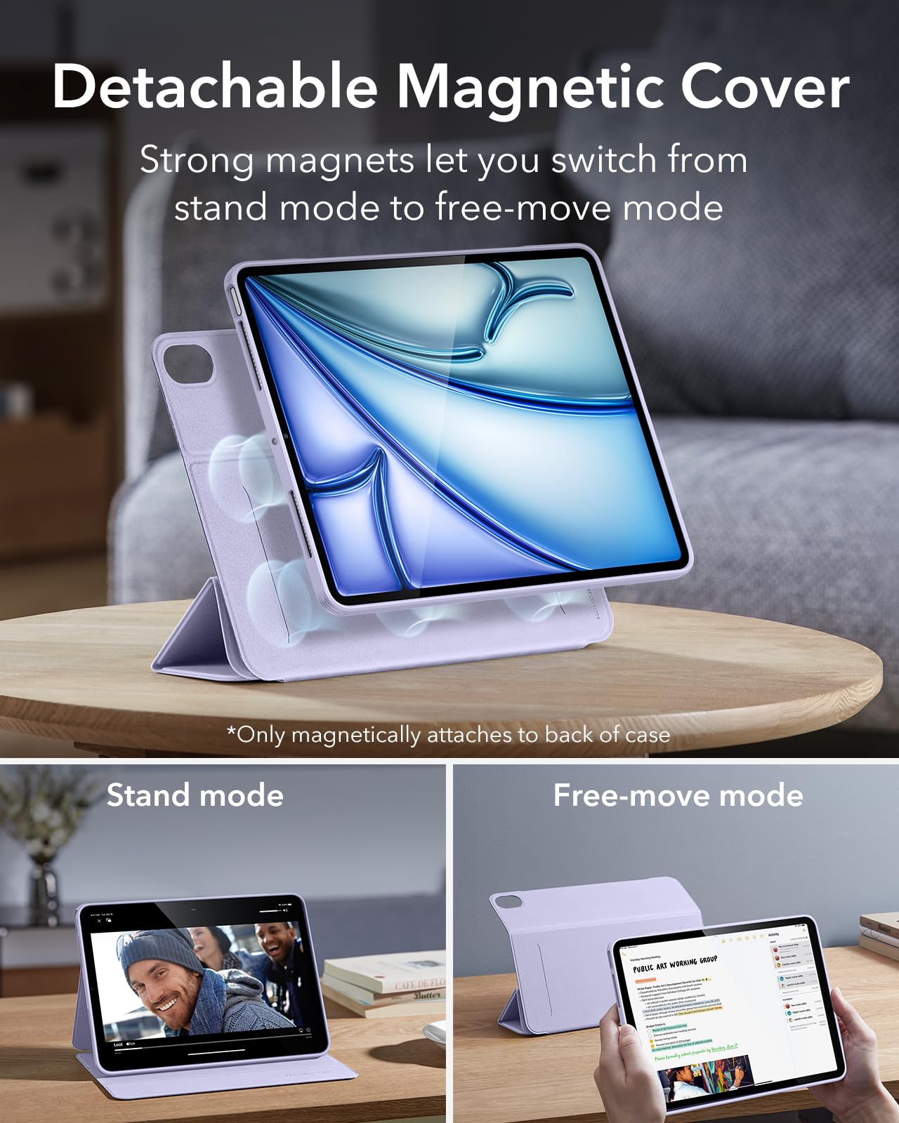 ESR Cover per iPad Air 11" M4/M3/M2 (2026/2025/2024), iPad Air 5a/4a (2022/2020), Custodia Magnetica Rimovibile, Supporto Verticale, Supporto per Pencil Pro/USB-C, Auto Attivazione/Standby, Violette
