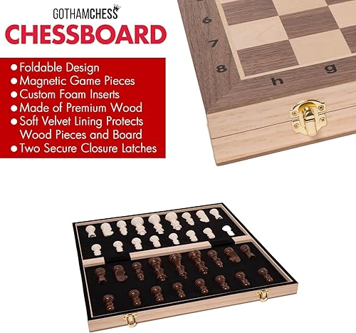 Miniatura 3 de GothamChess Board - Tablero de ajedrez plegable y portátil, piezas magnéticas de ajedrez, almacenamiento organizado, incluye curso de International