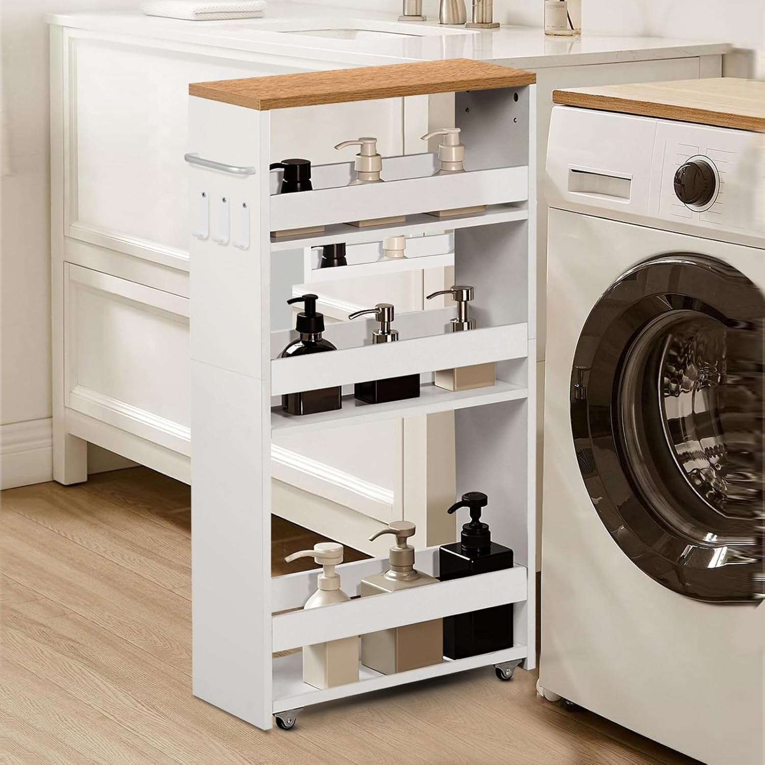 Carrito de Cocina de 4 Niveles, Carro Auxiliar Estrecho con Ruedas, Estante Nicho con Asa, Mueble de Almacenaje Ahorra Espacio para Cocina, Baño, Oficina, 40x15x80cm, Blanco+Roble Claro