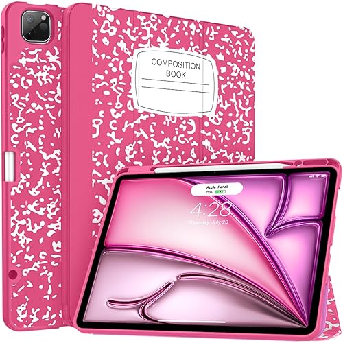 Soke Case for iPad Air 13 Inch (M3/M2,2025-2024), iPad Pro 12.9" 6th/5th Generation with Pencil Holder(2021 2022 Release)-[Apple Pencil Charging + Auto Wake/Sleep] Soft Back Cover, Book Hot Pink