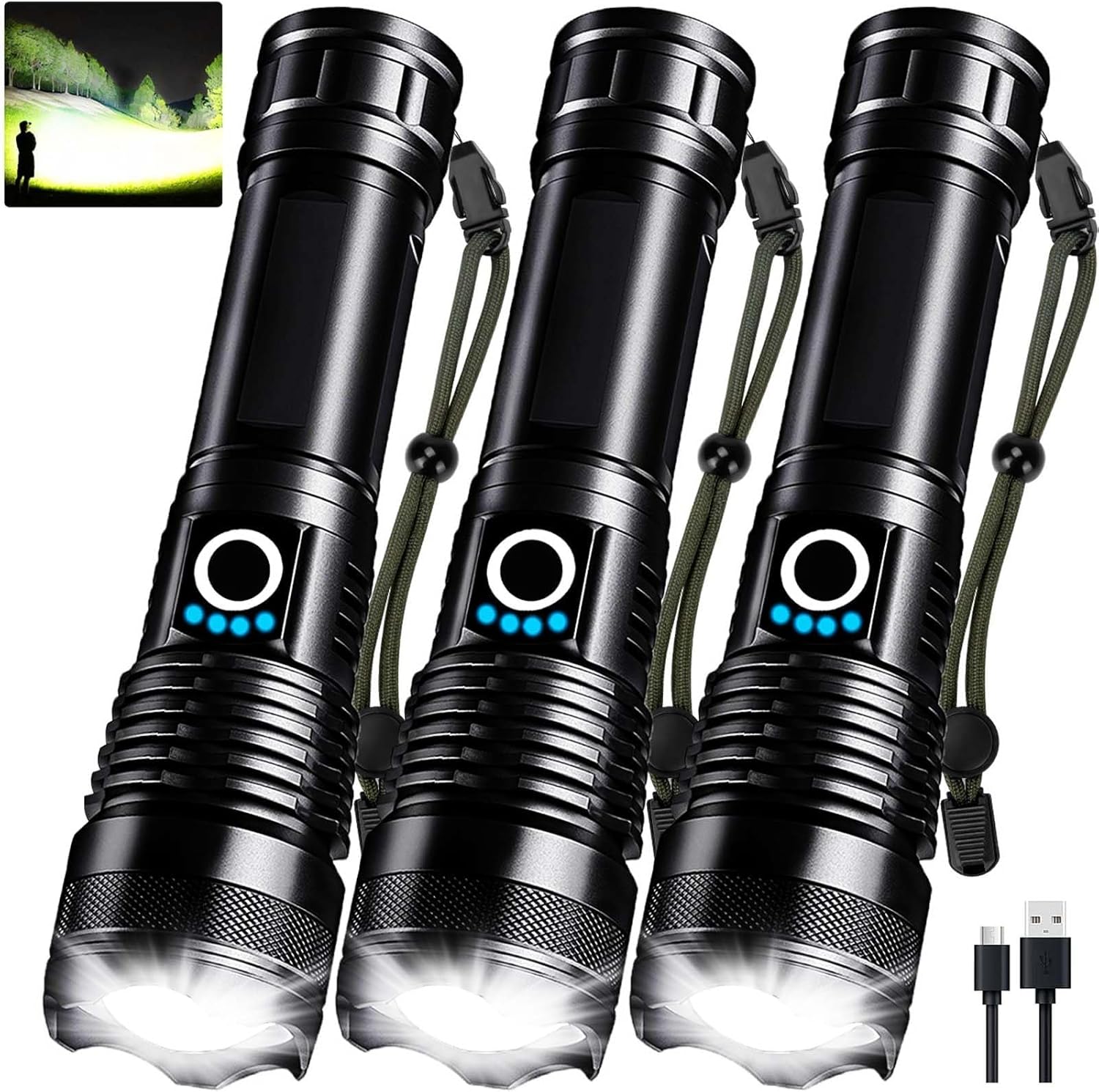 3 Pack Rechargeable LED Flashlights High Lumens, 90,000LM Super Bright Flashlight, Adjustable 5 Modes Powerful Flash Light with USB Cable, Waterproof Handheld Flashlight for Home Camping Emergencies