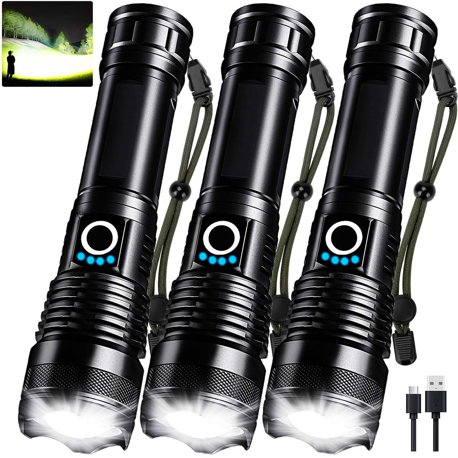 Paquete de 3 linternas LED recargables de alto lúmenes, 90,000 lm, linterna súper brillante, ajustable de 5 modos de luz de flash potente con cable USB, linterna de mano impermeable para emergencias