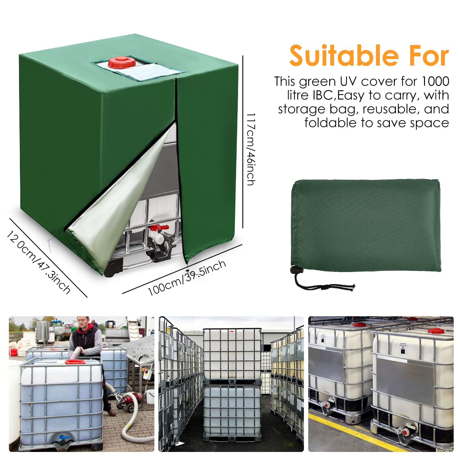 Bache Cuve 1000l, Couvercle de réservoir IBC 1000L, Couvercle de Réservoir IBC avec Fermeture éclair, Bâche Facile à Installer Coupe-Vent et Résistant aux UV pour Réservoir IBC 1000 L (Green)