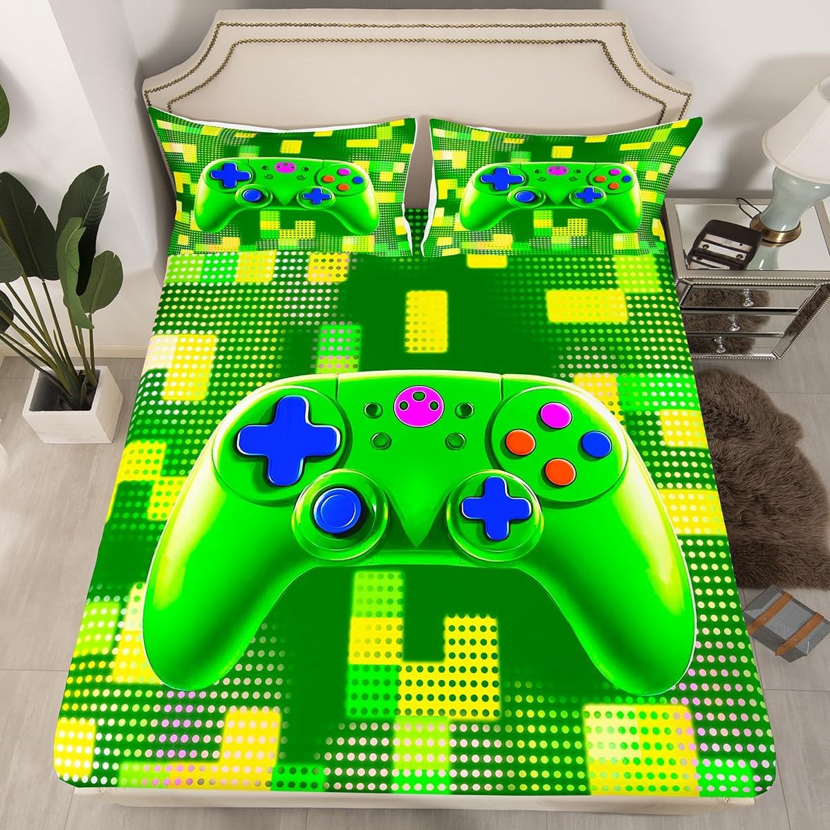 Gamer Gamepad Kids Fitted Sheet Full Size,Video Game Console Modern Fashion Bedding Set,Girls Boys Room Decor,Geometric Building Block Gaming Green Bed Sheet,2 Pillowcases(No Flat) image 5