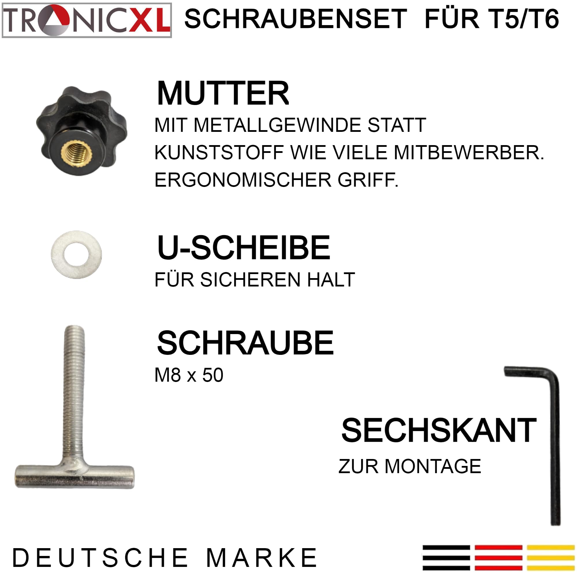TronicXL Zestaw śrub kompatybilny z VW Bulli Bus T5 T6 Multivan, śruby prowadzące, obciążenie szyny, śruby zabezpieczające, Transporter, California, zabezpieczenie ładunku