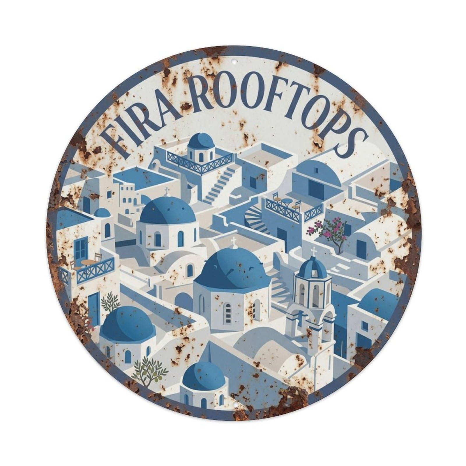 Vintage Travel Fira Santorini Rooftop Metal Tin Sign