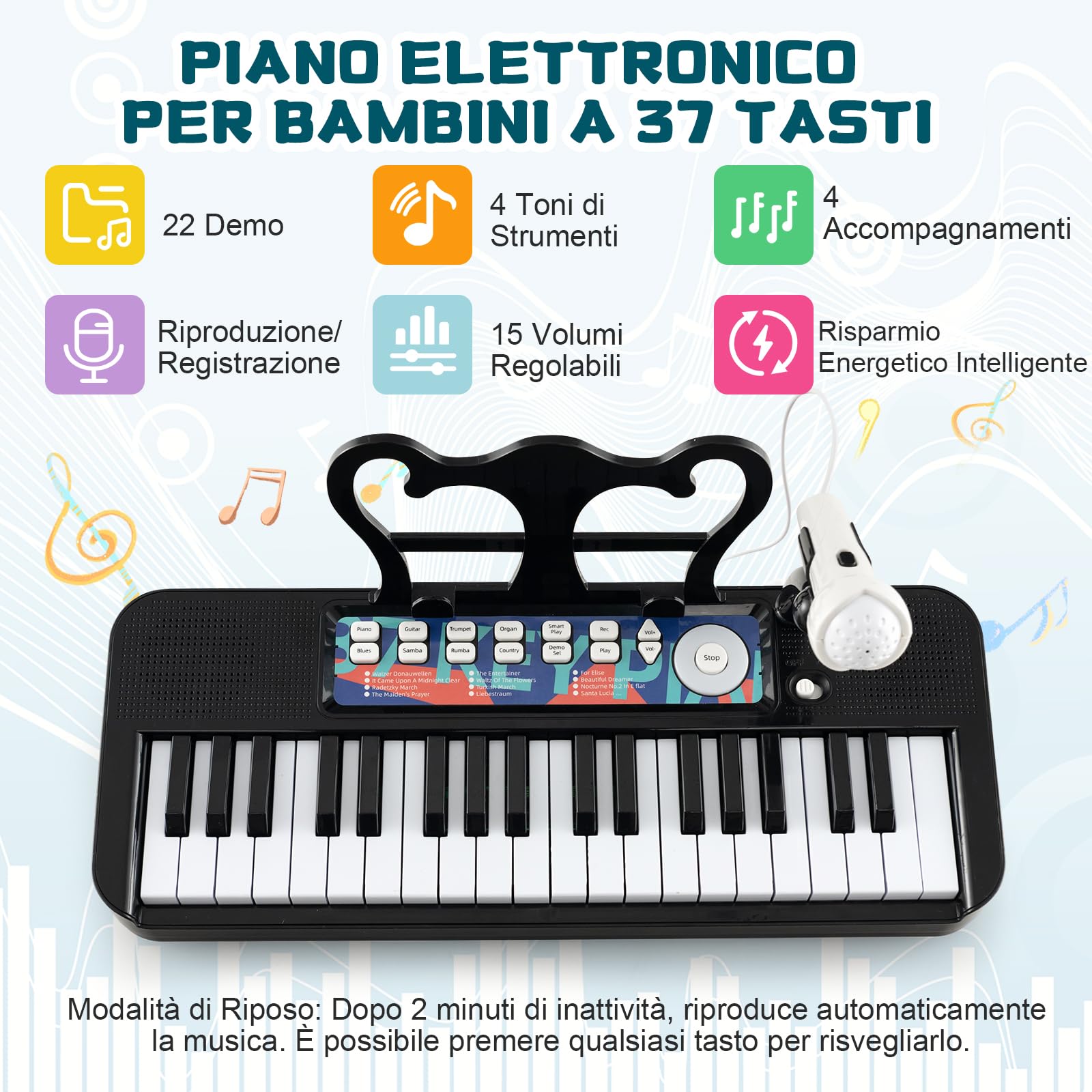 RELAX4LIFE Pianoforte per Bambini con 37 Tasti, Tastiera Musicale con Microfono, Leggio e Sgabello, Funzioni di Record e Playback, Regalo di Natale/Compleanno (Nero)