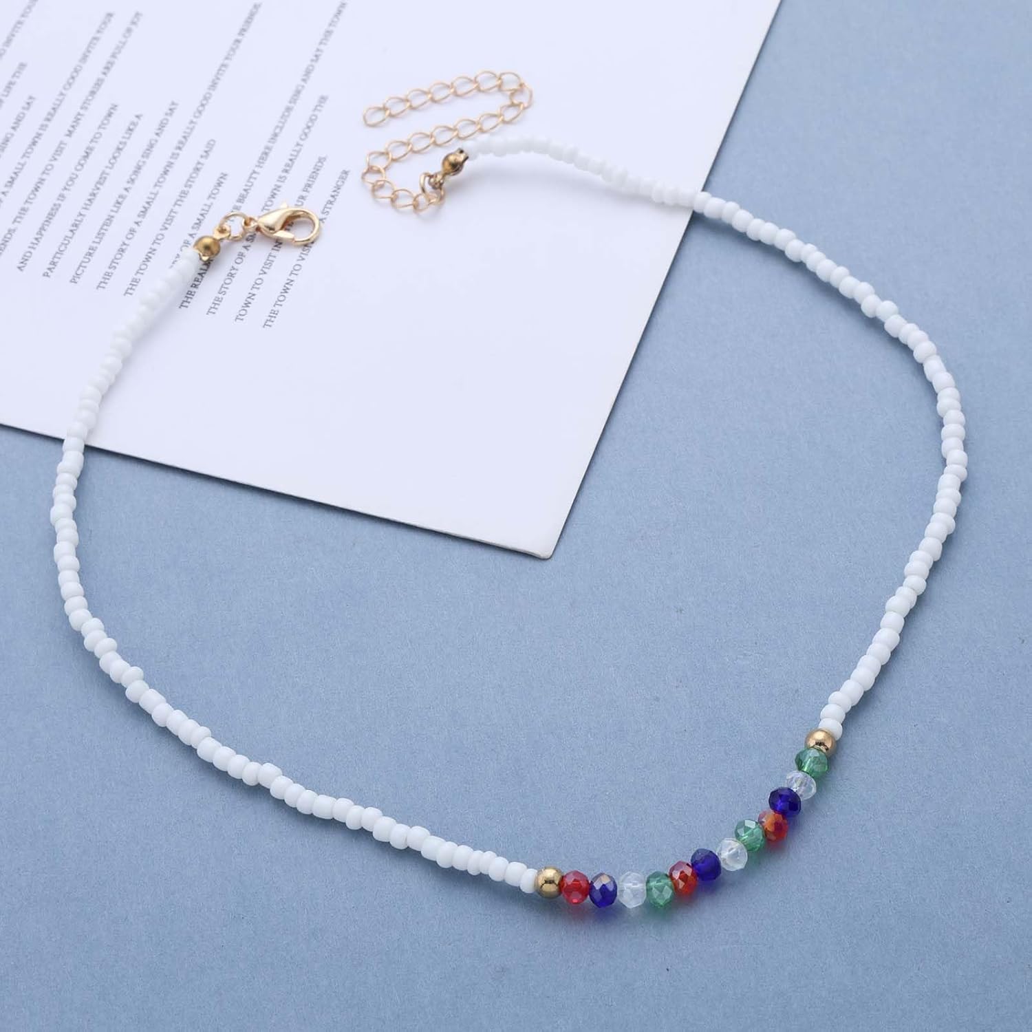 Andelaisi Boho Colorful Crystal Bead Necklace Choker White Seed Bead Strand Necklace Vintage Rice Beads Necklaces Rainbow Stone Choker Necklaces Jewelry for Women - Image 3