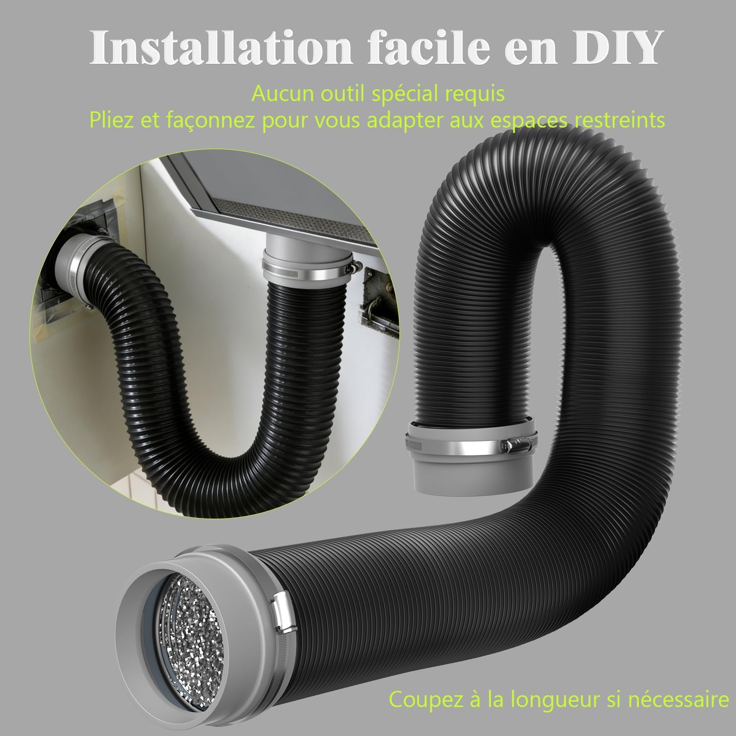 Tuyau d’évacuation d’air 100 mm 1,5 m, avec raccord souple - Mise en situation et utilisation